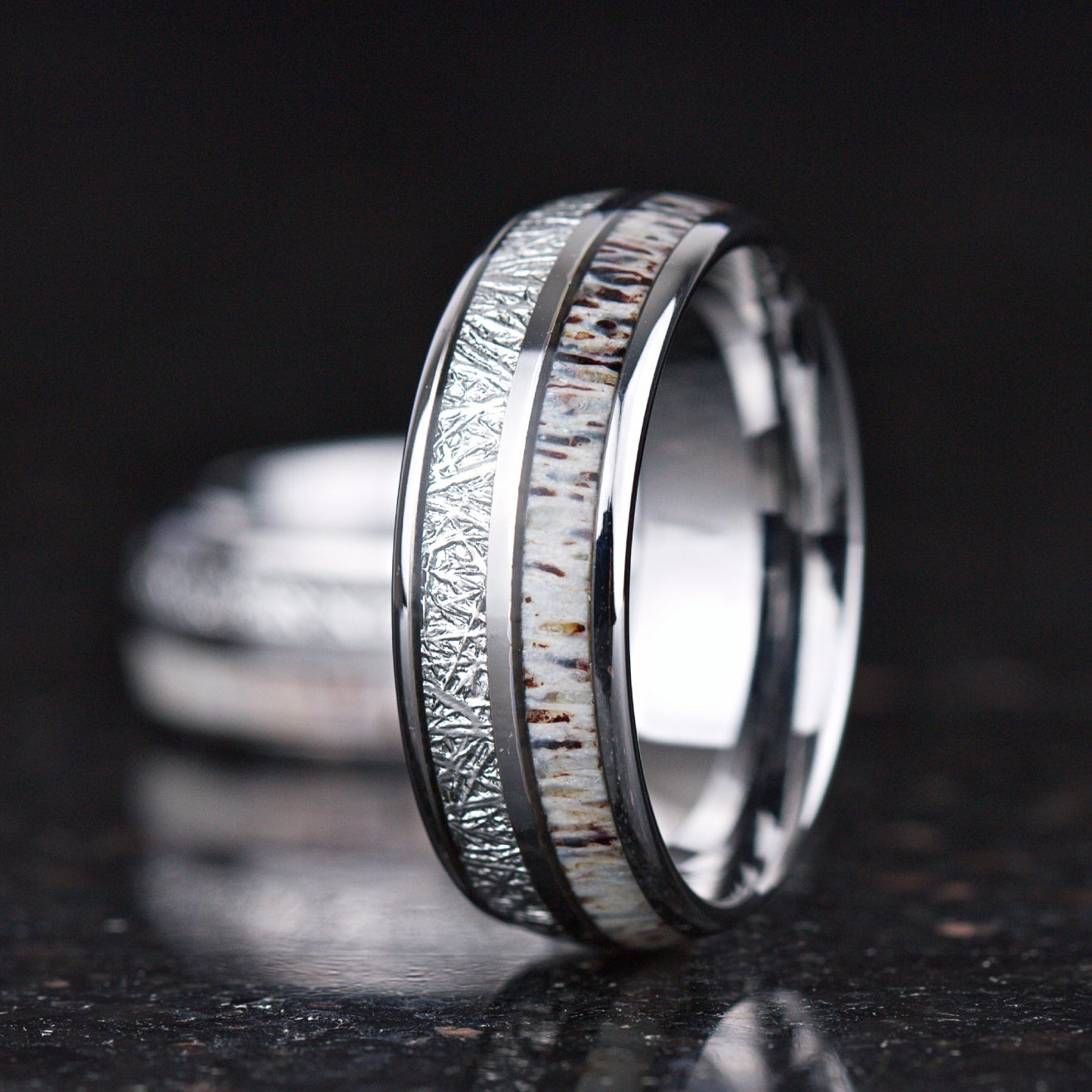 Unique man wedding ring silver tungsten band with natural antler inlay