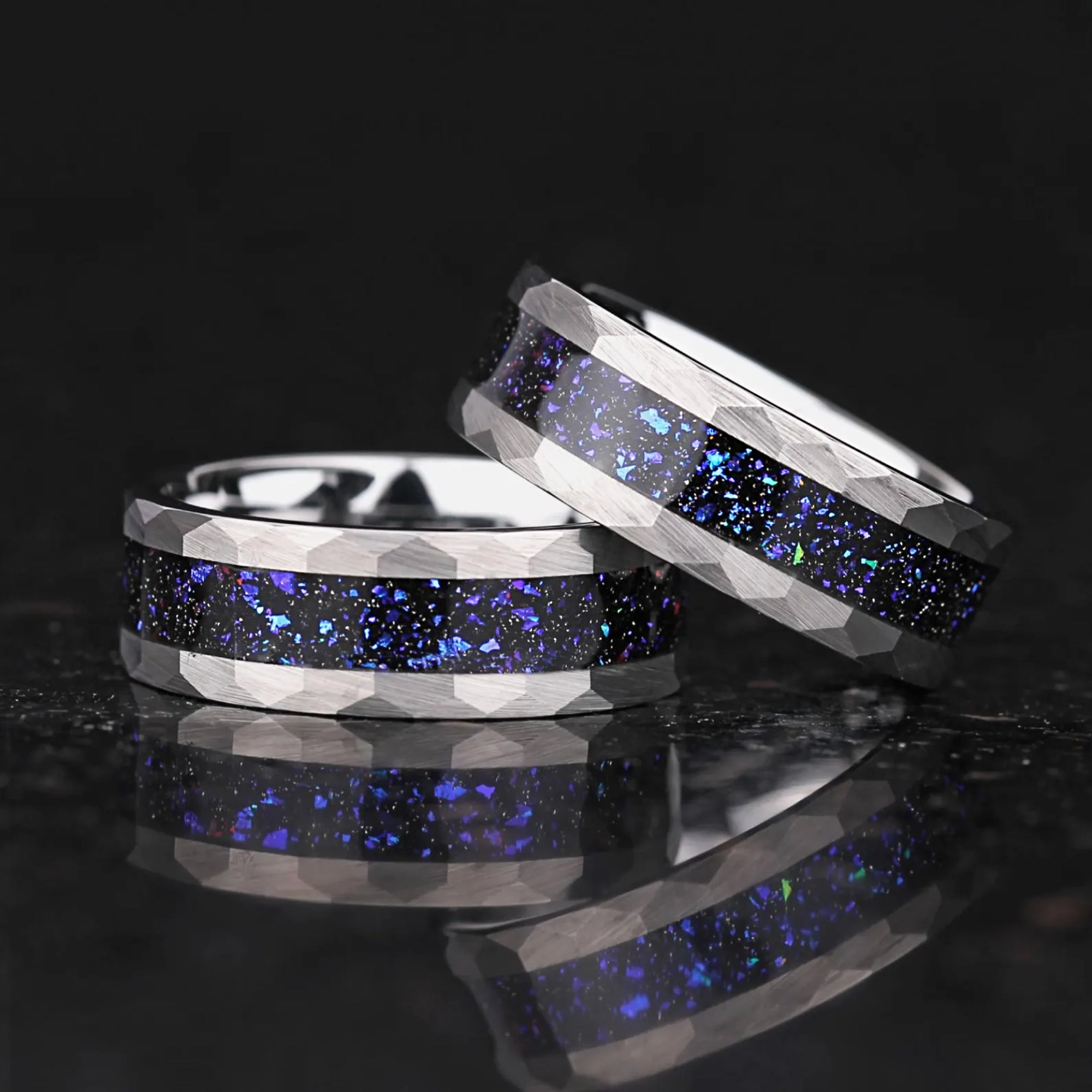 Unique man wedding rings with blue nebula inlay and polished edges