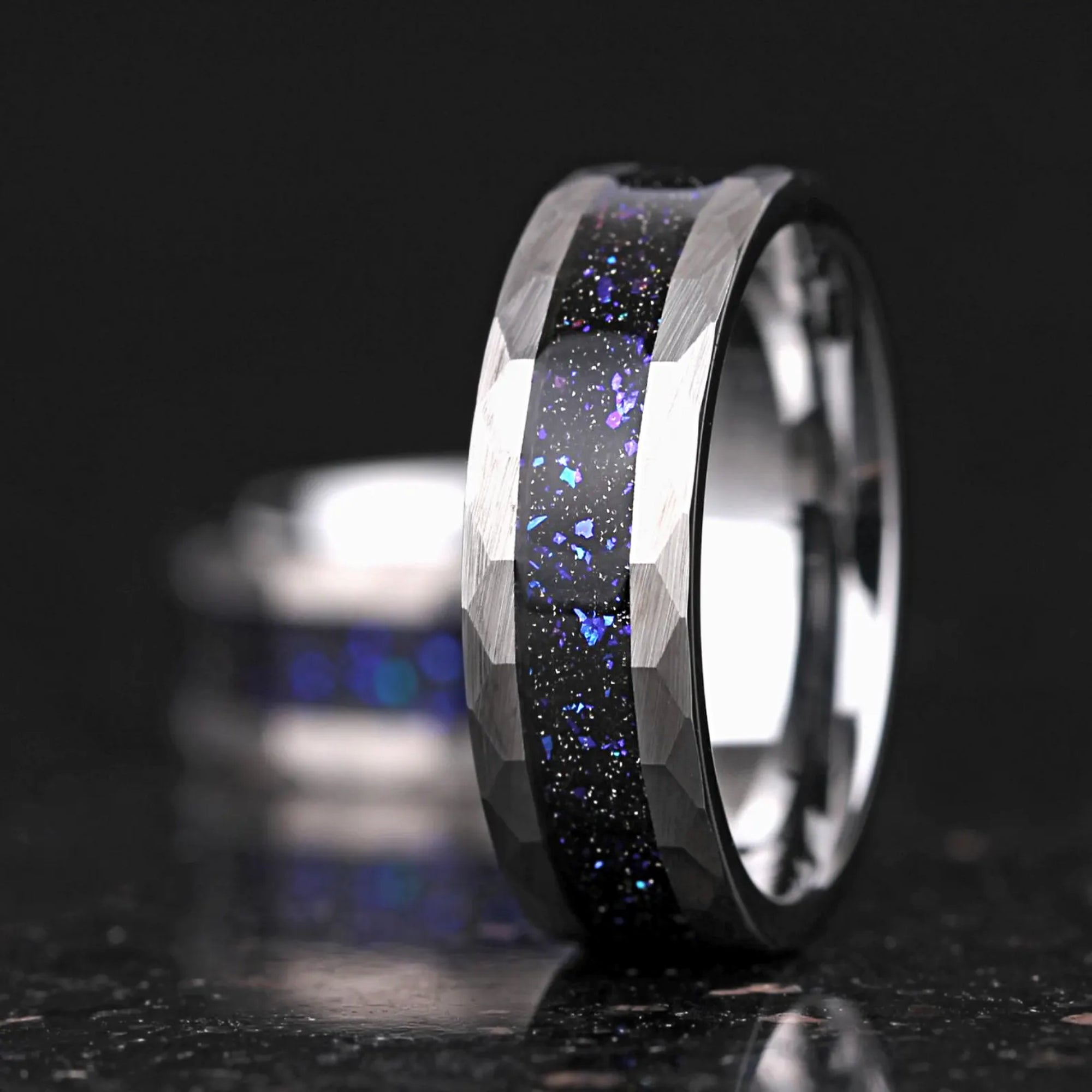 Unique mens engagement bands with nebula design and silver tungsten finish