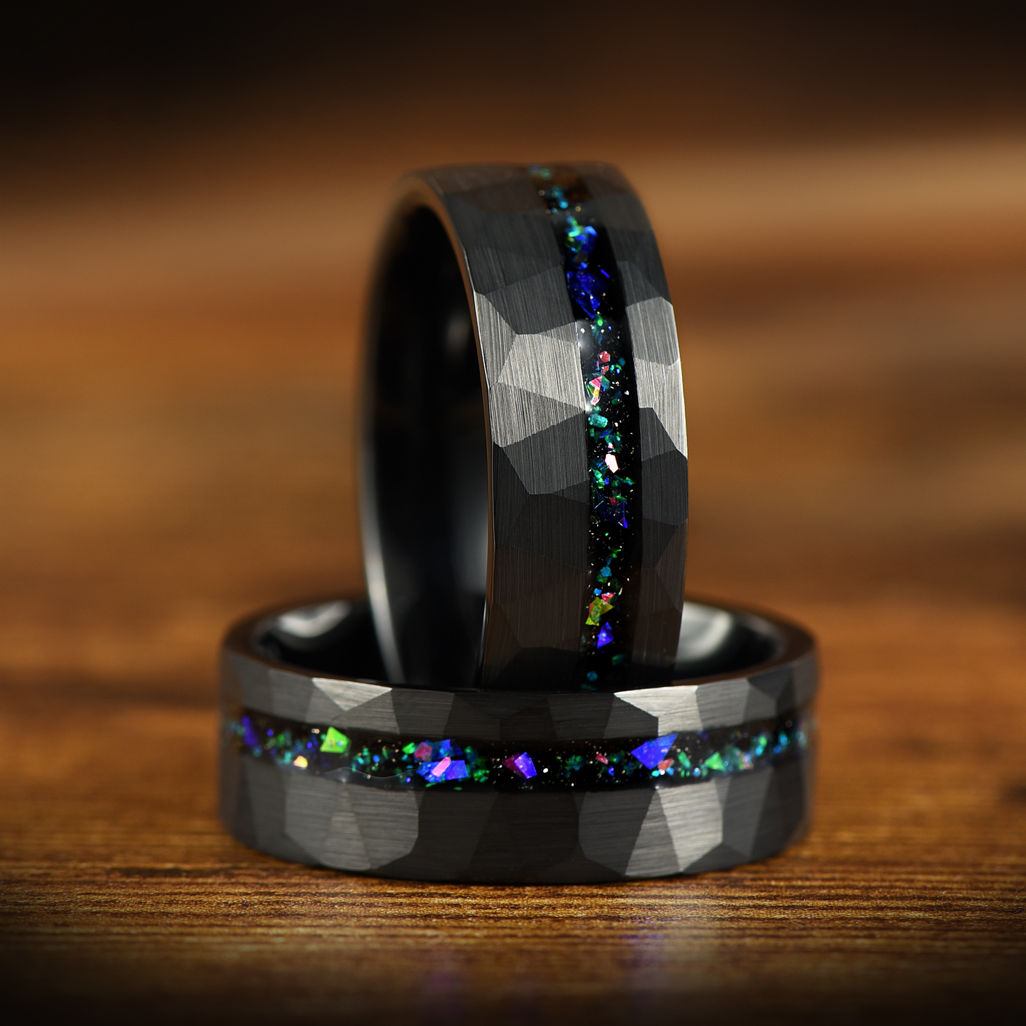 Unique mens engagement bands with nebula design and textured surface