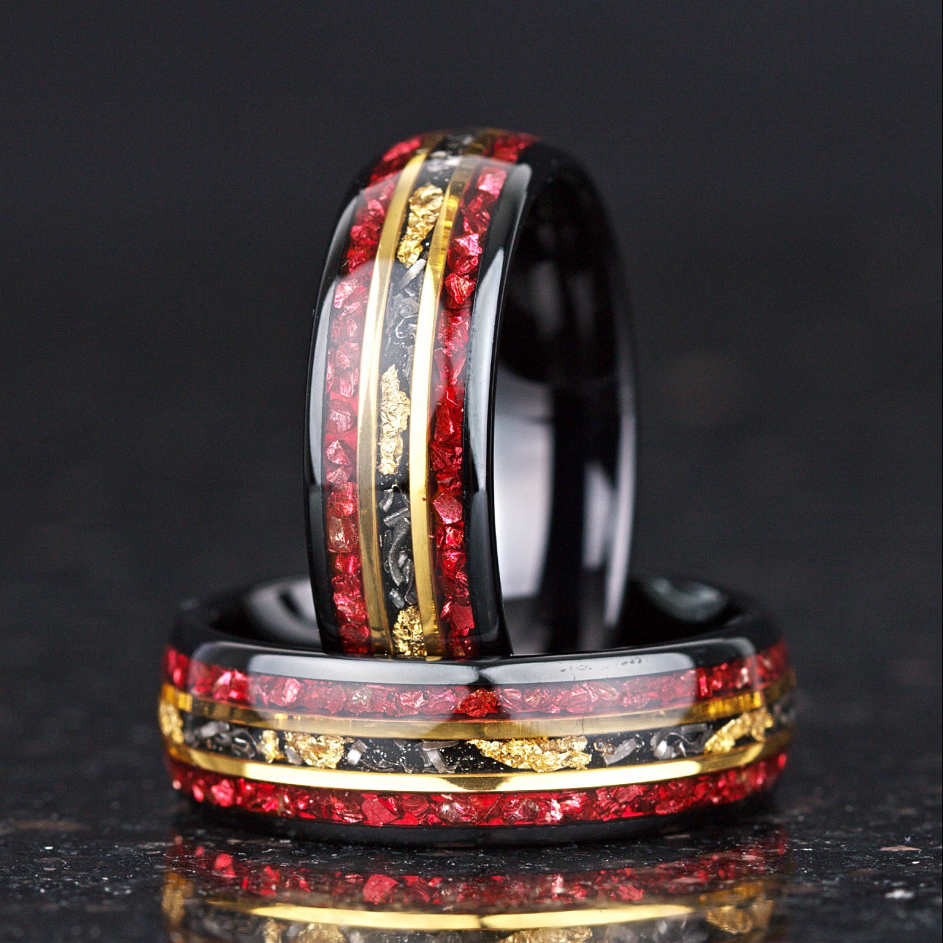Unusual mens wedding ring UK style with garnet and meteorite detail
