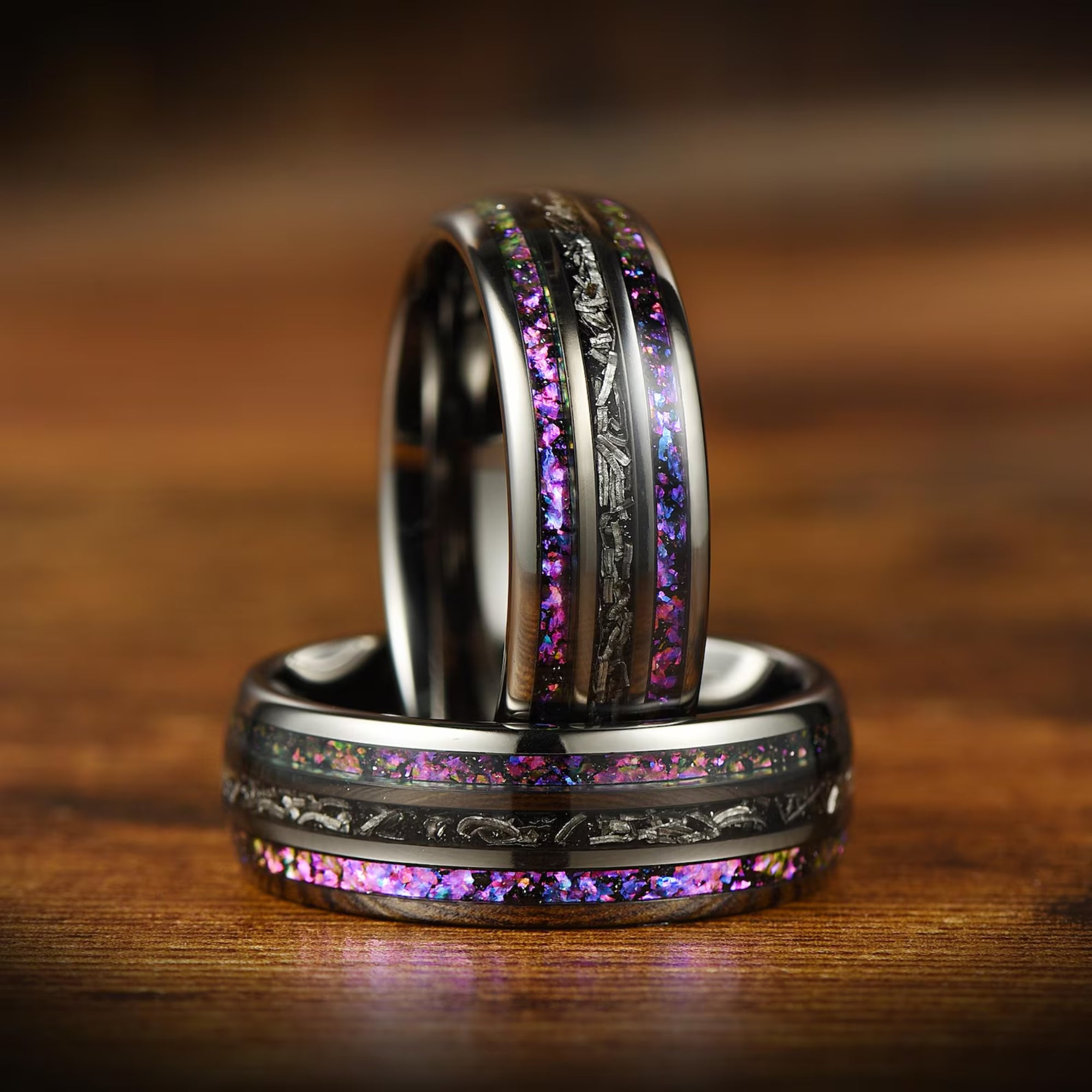 Unusual mens ring black tungsten band with vibrant nebula detail
