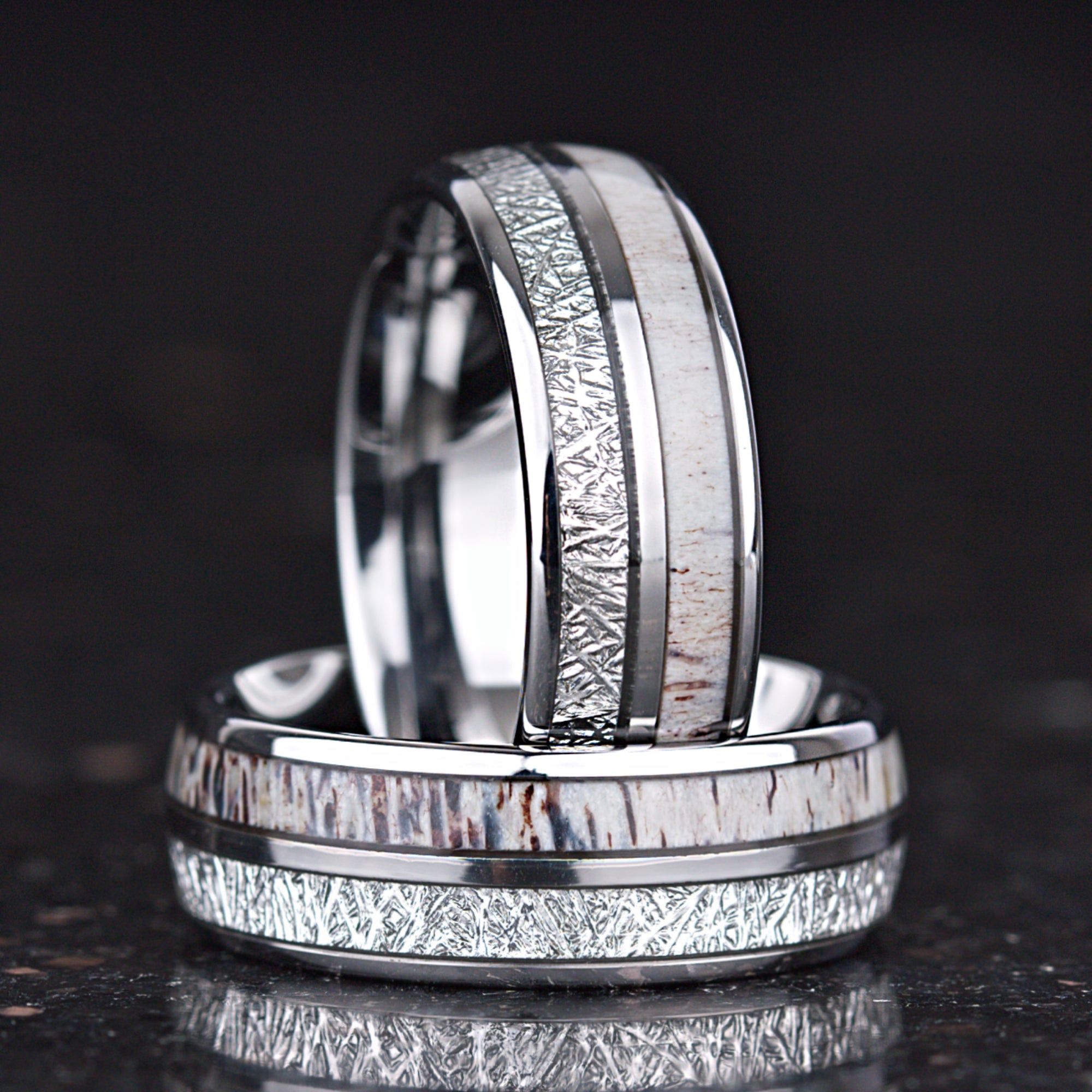 Unusual wedding ring UK silver band with natural antler detail