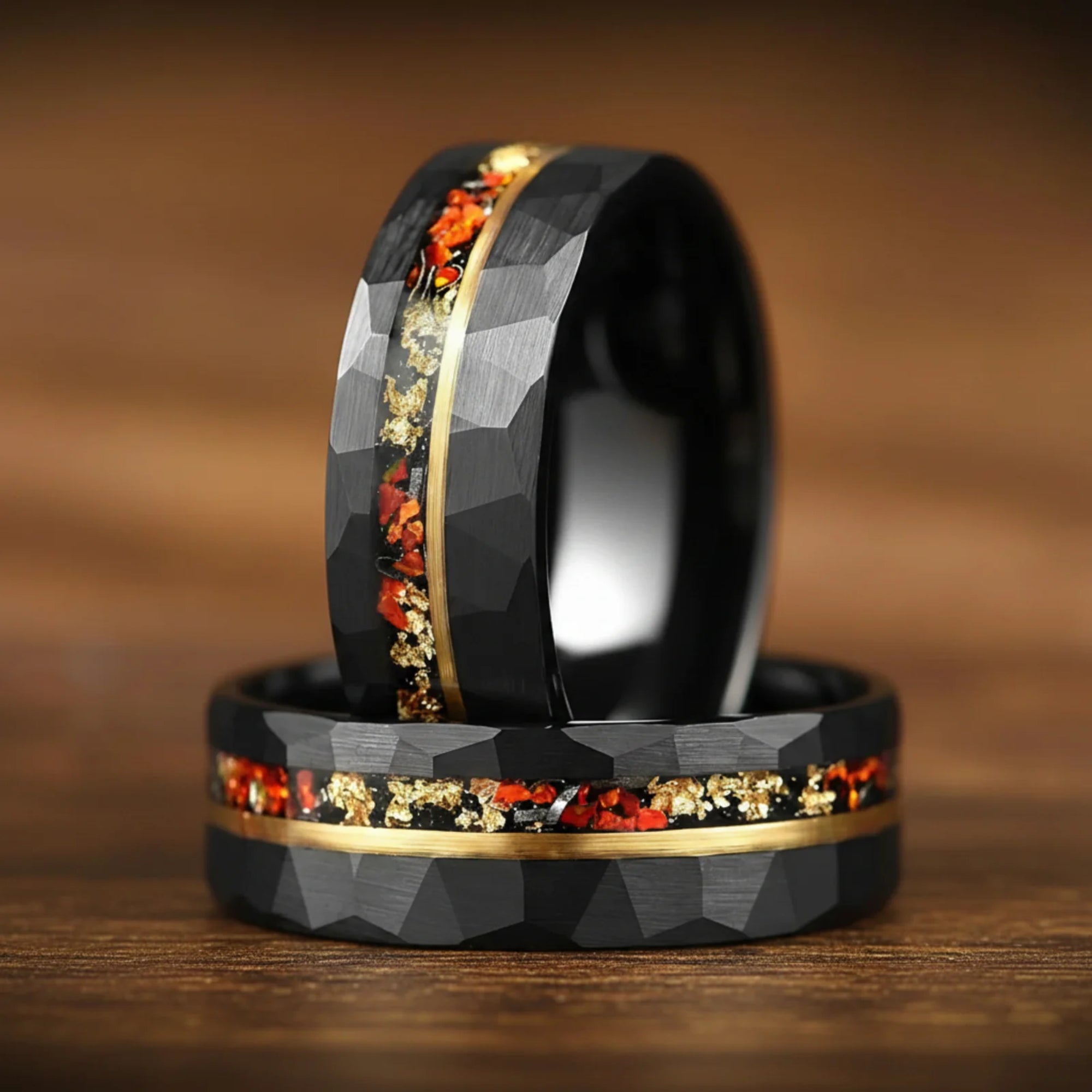 Wedding bands for him and her with hammered and dome finish