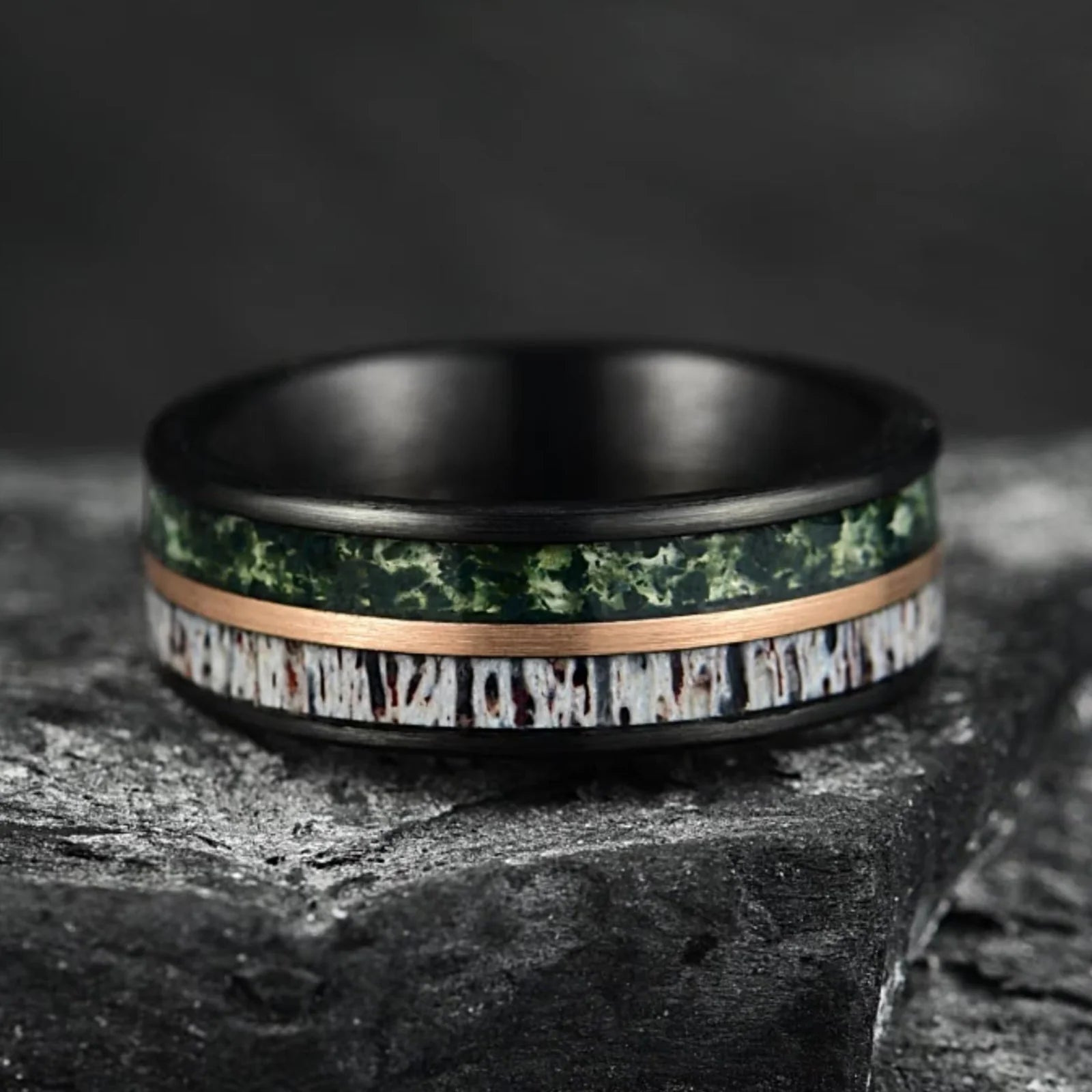 WEDDING BANDS FOR HIM MOSS AGATE  MOSS AGATE, DEER ANTLER & METEORITE