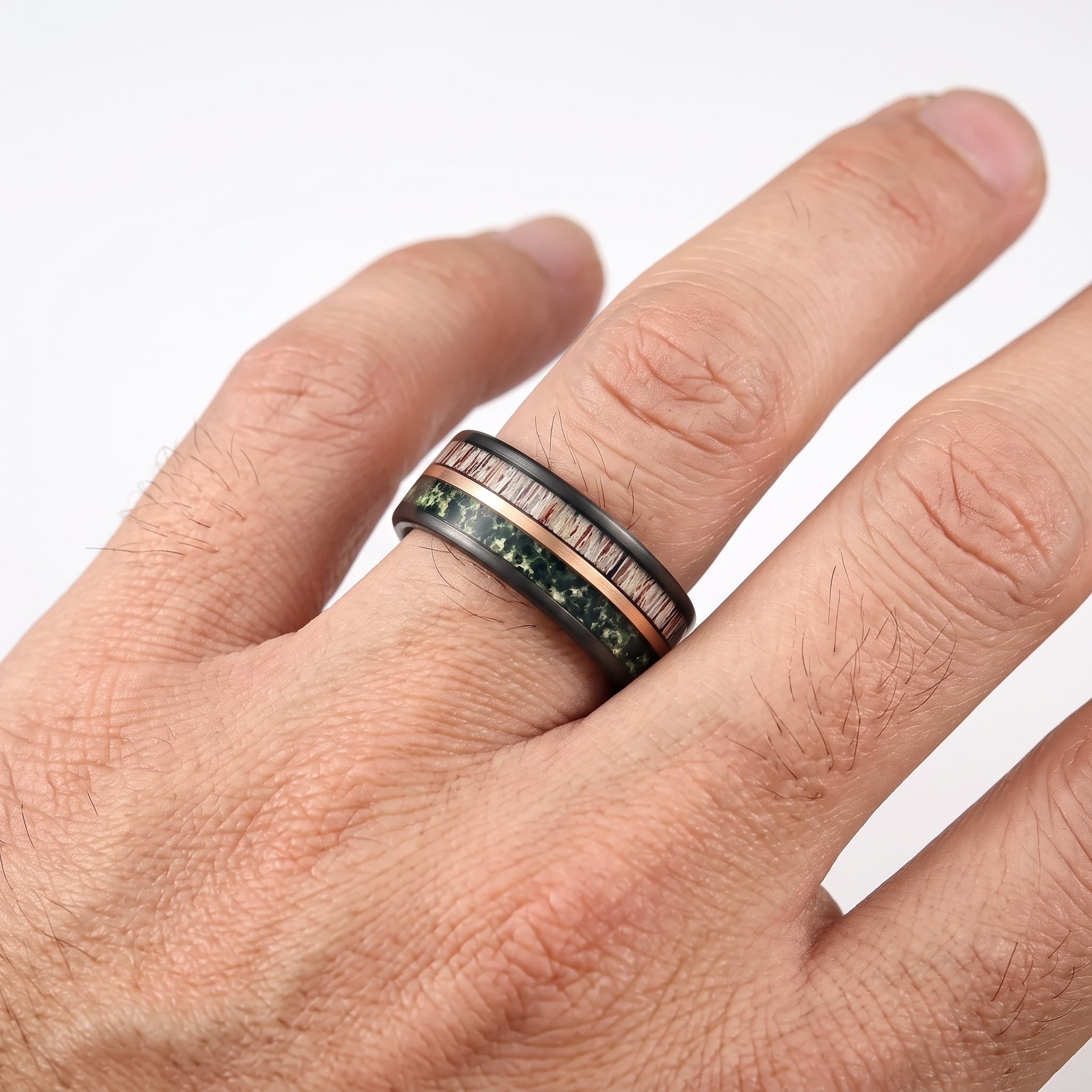 Wedding Bands For Him Moss Agate Hand Display