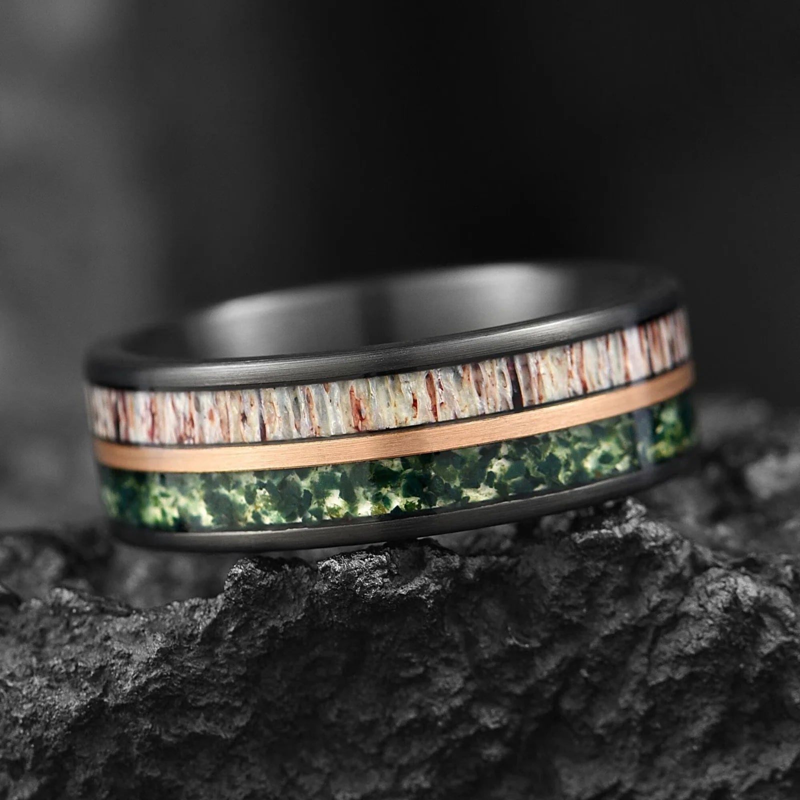 WEDDING BANDS FOR HIM MOSS AGATE  MOSS AGATE, DEER ANTLER & METEORITE