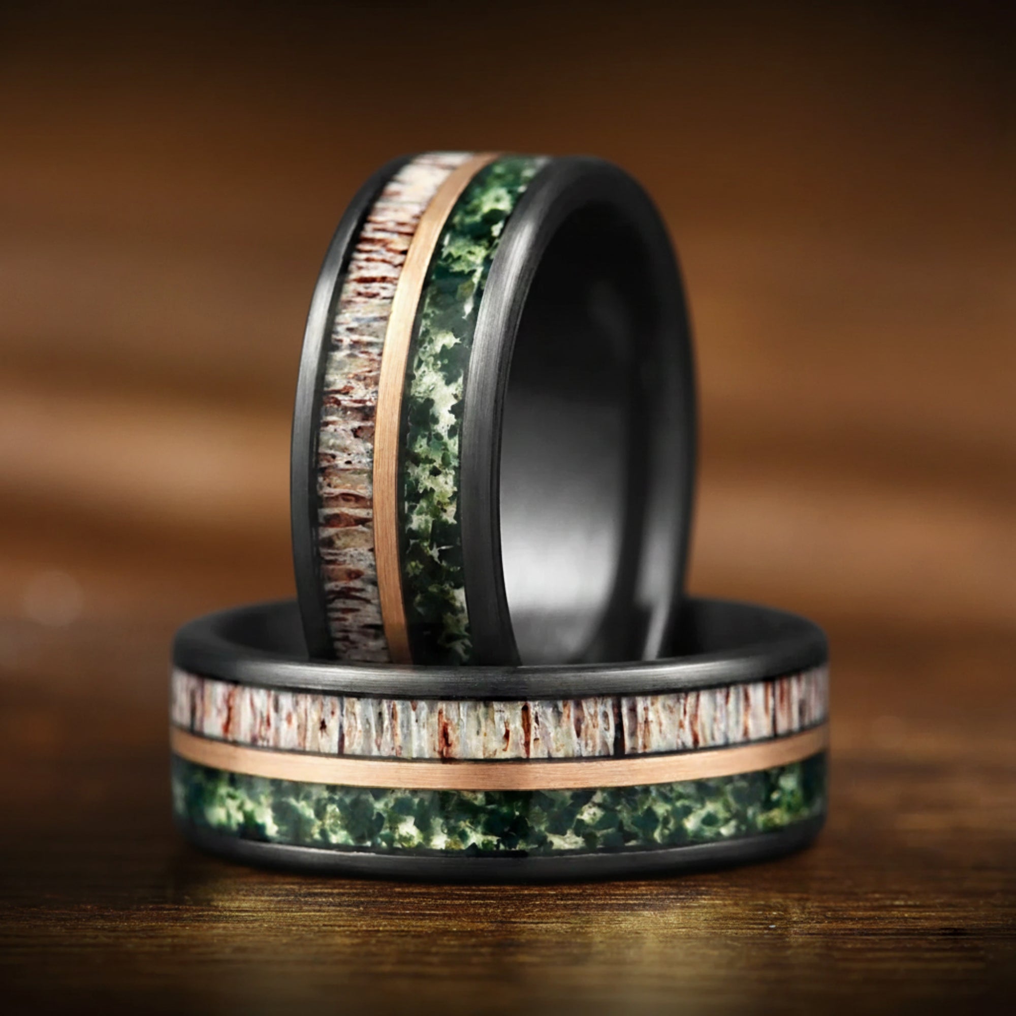 Wedding Bands For Him Moss Agate Top View