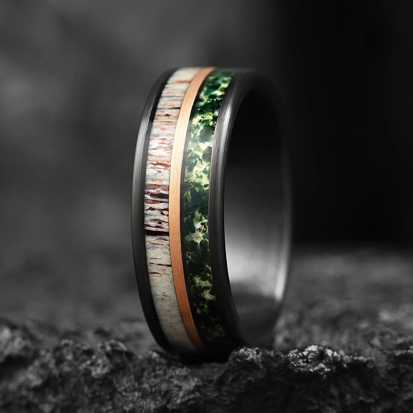 WEDDING BANDS FOR HIM MOSS AGATE  MOSS AGATE, DEER ANTLER & METEORITE