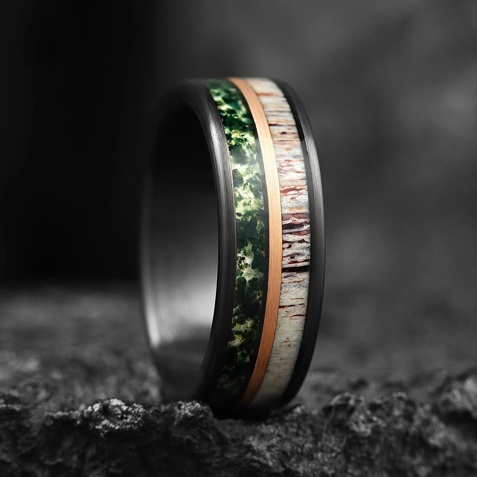 WEDDING BANDS FOR HIM MOSS AGATE  MOSS AGATE, DEER ANTLER & METEORITE