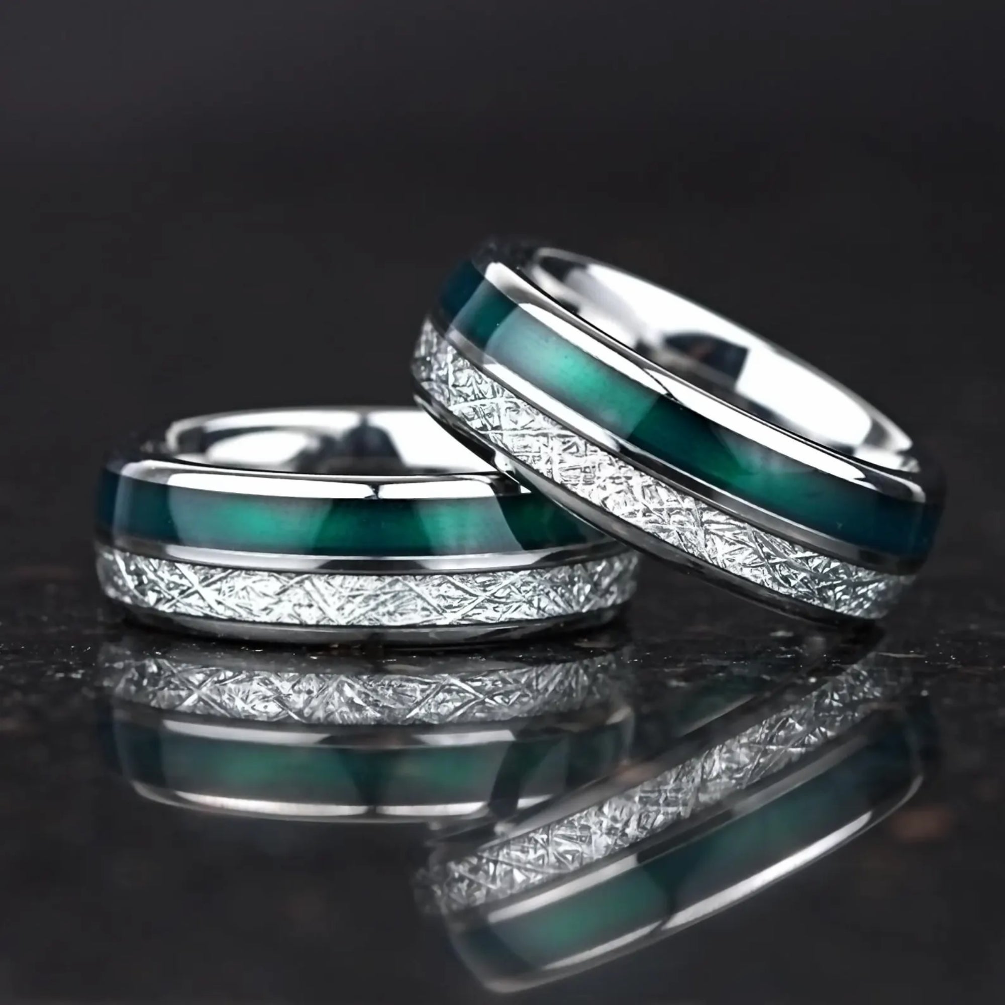 Wedding bands for men and women in silver with green agate and texture detail