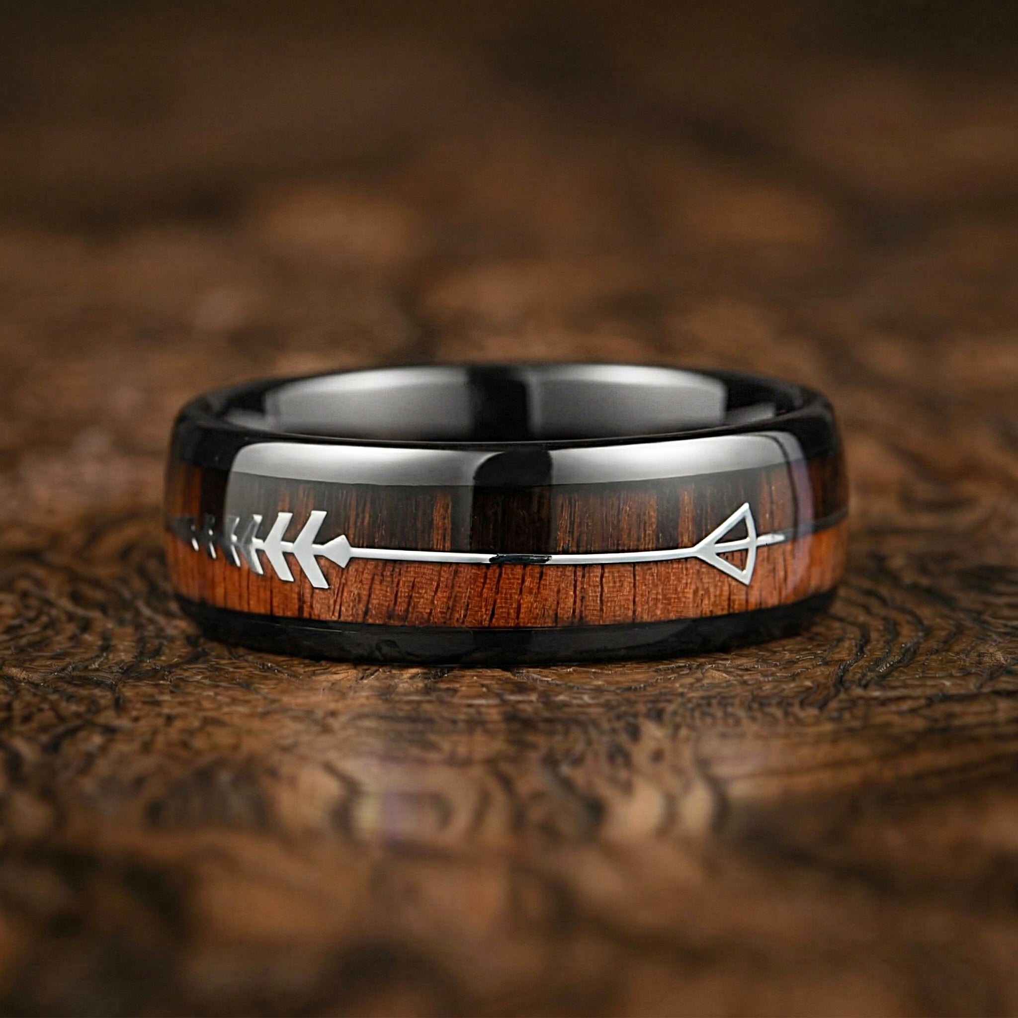 Wedding Bands With Wood Tungsten Close Up View