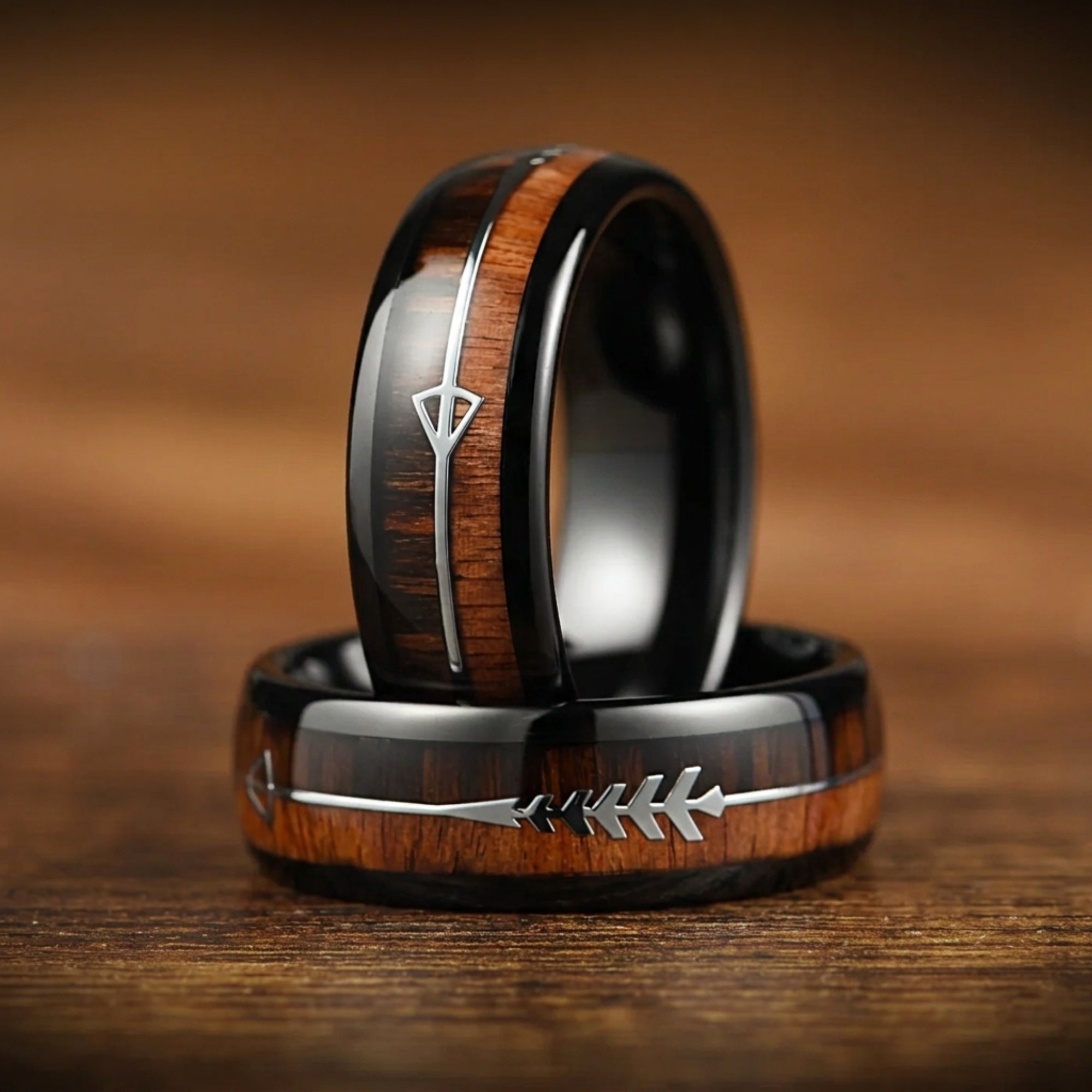 Wedding Bands With Wood Tungsten Front View