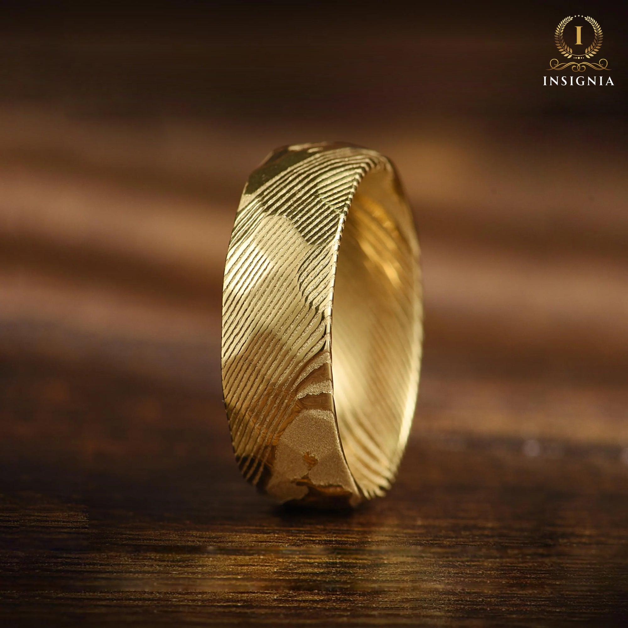 Wedding Gold Band Damascus Vertical View
