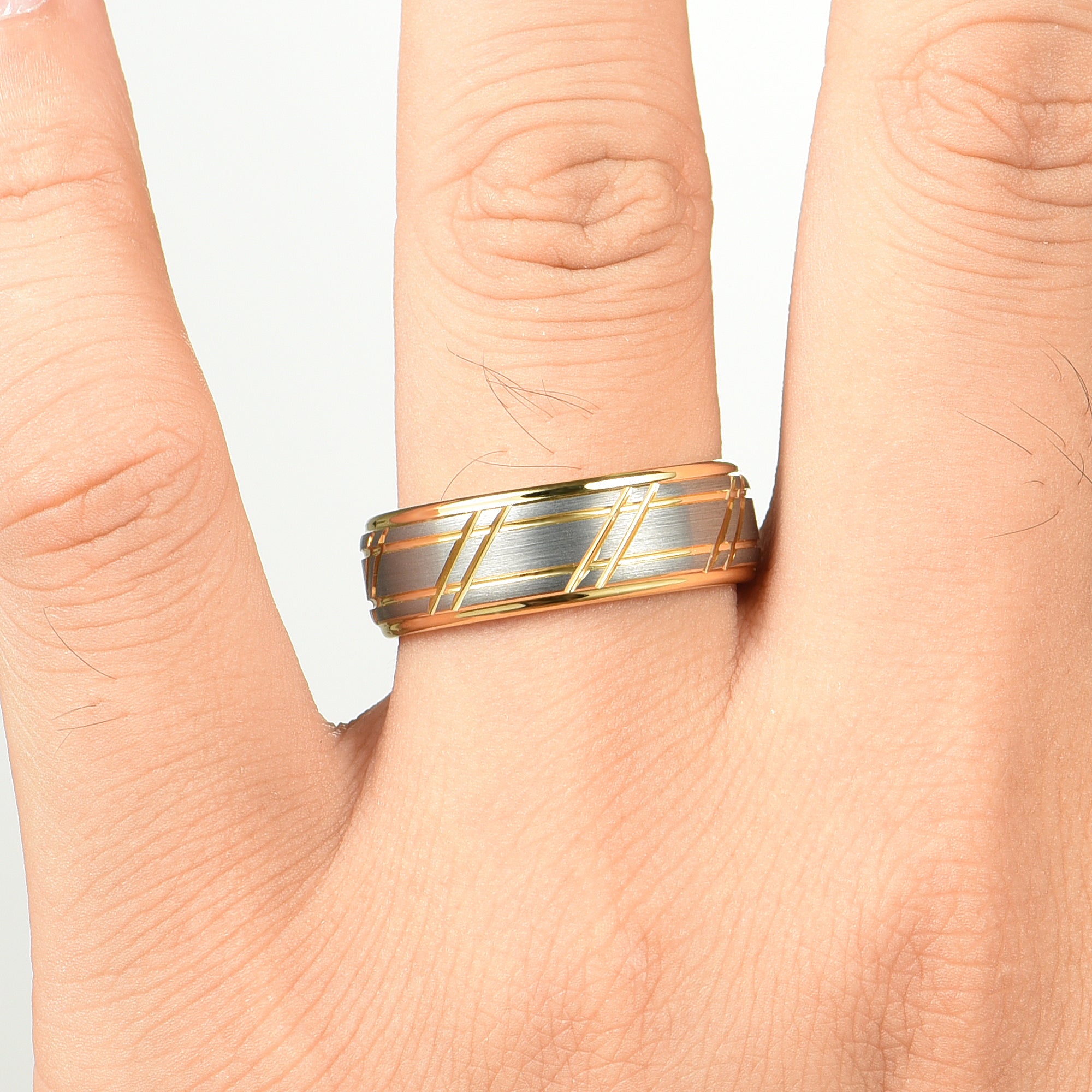 Wedding Gold Band Men Tungsten Hand View 