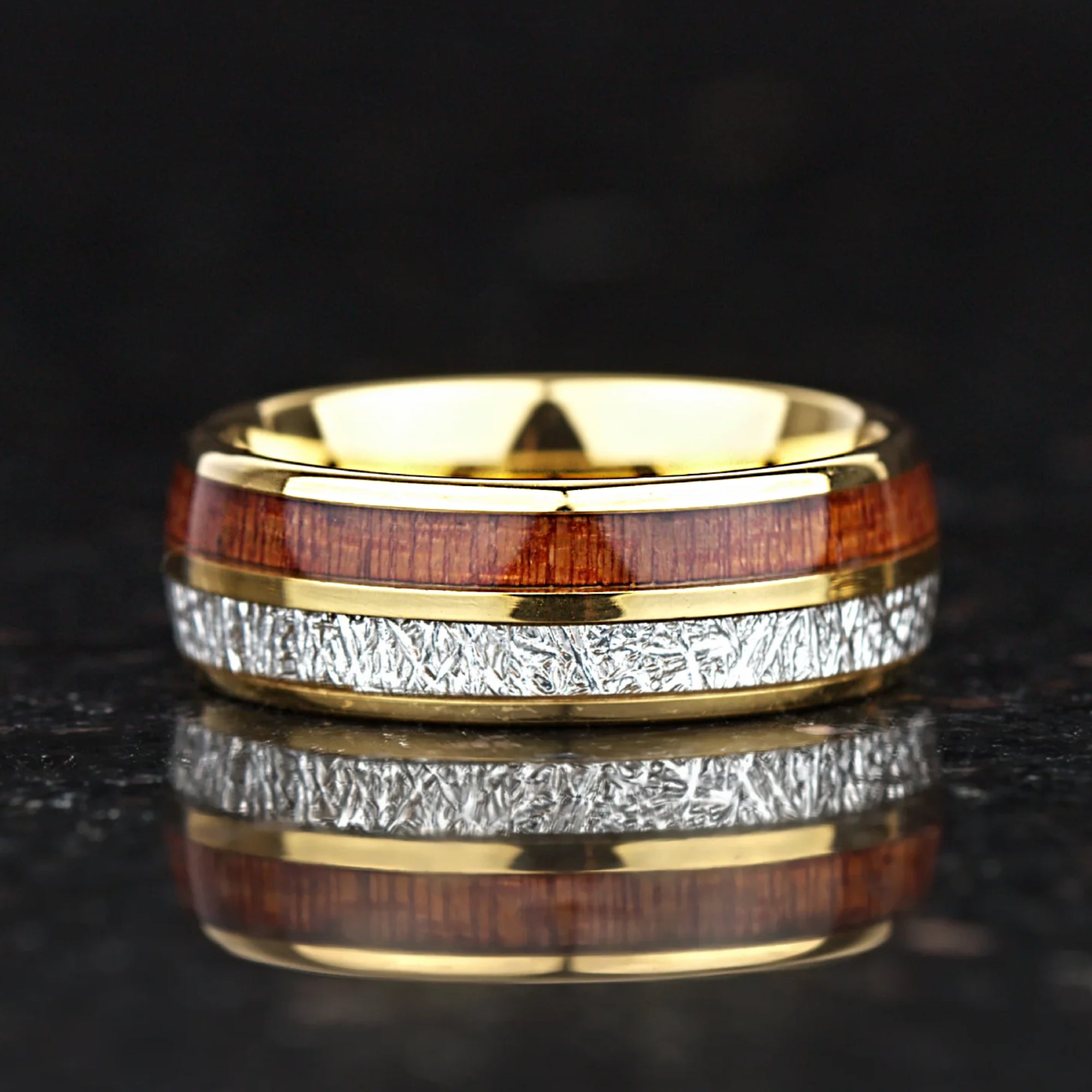 Wedding gold ring sets with whiskey barrel wood and textured inlay