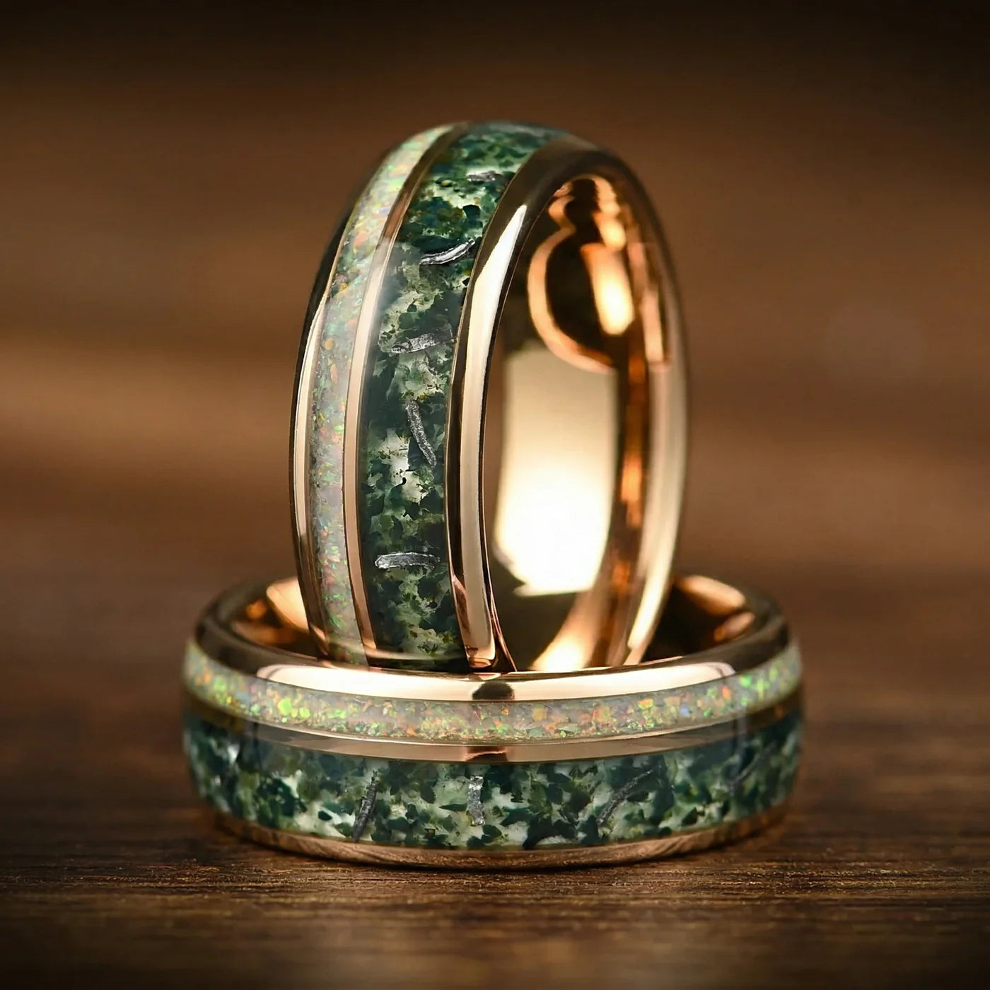 Wedding jewelry sets featuring white fire opal and moss agate tungsten rings