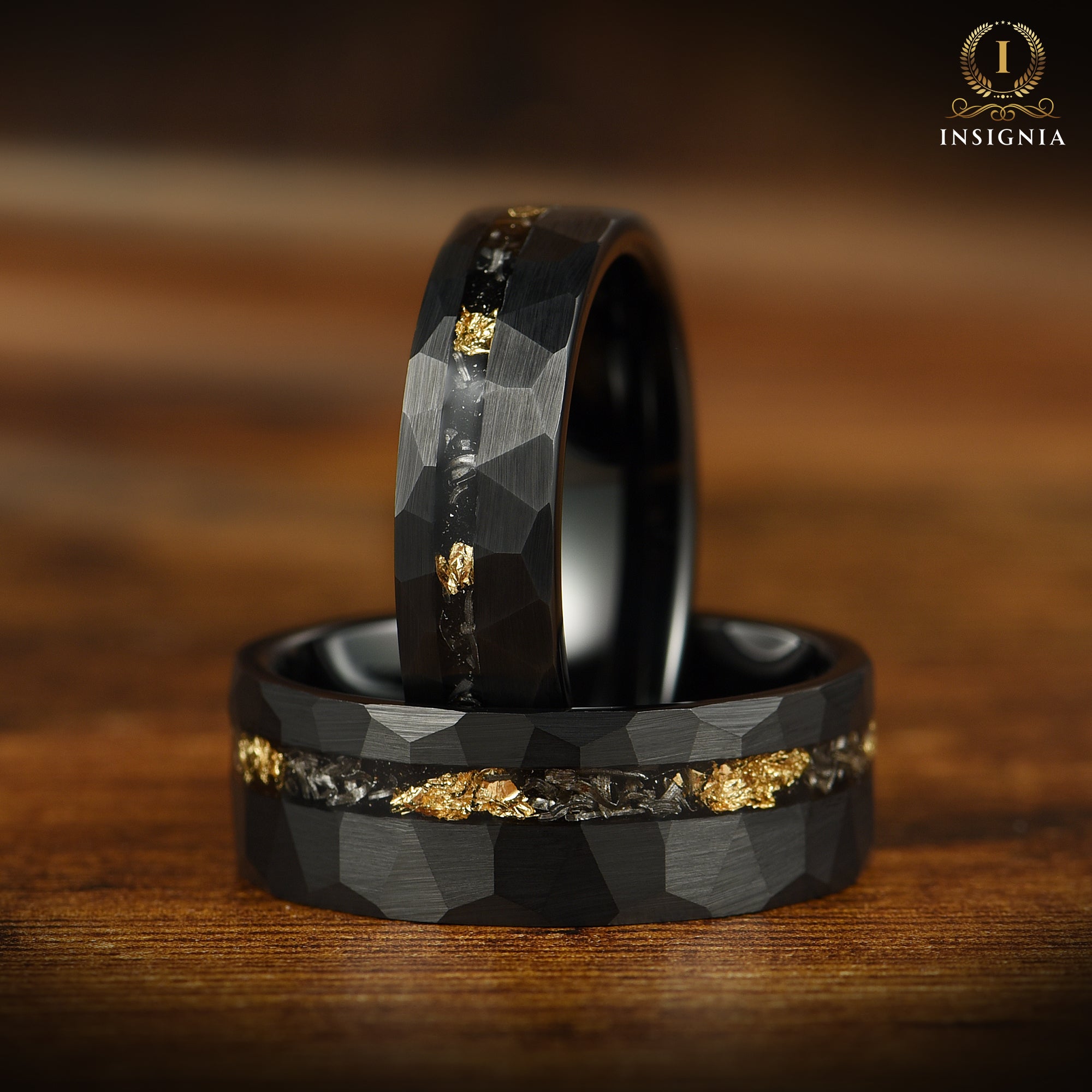 Wedding Ring Men with Black Tungsten and Meteorite Inlay Angled View