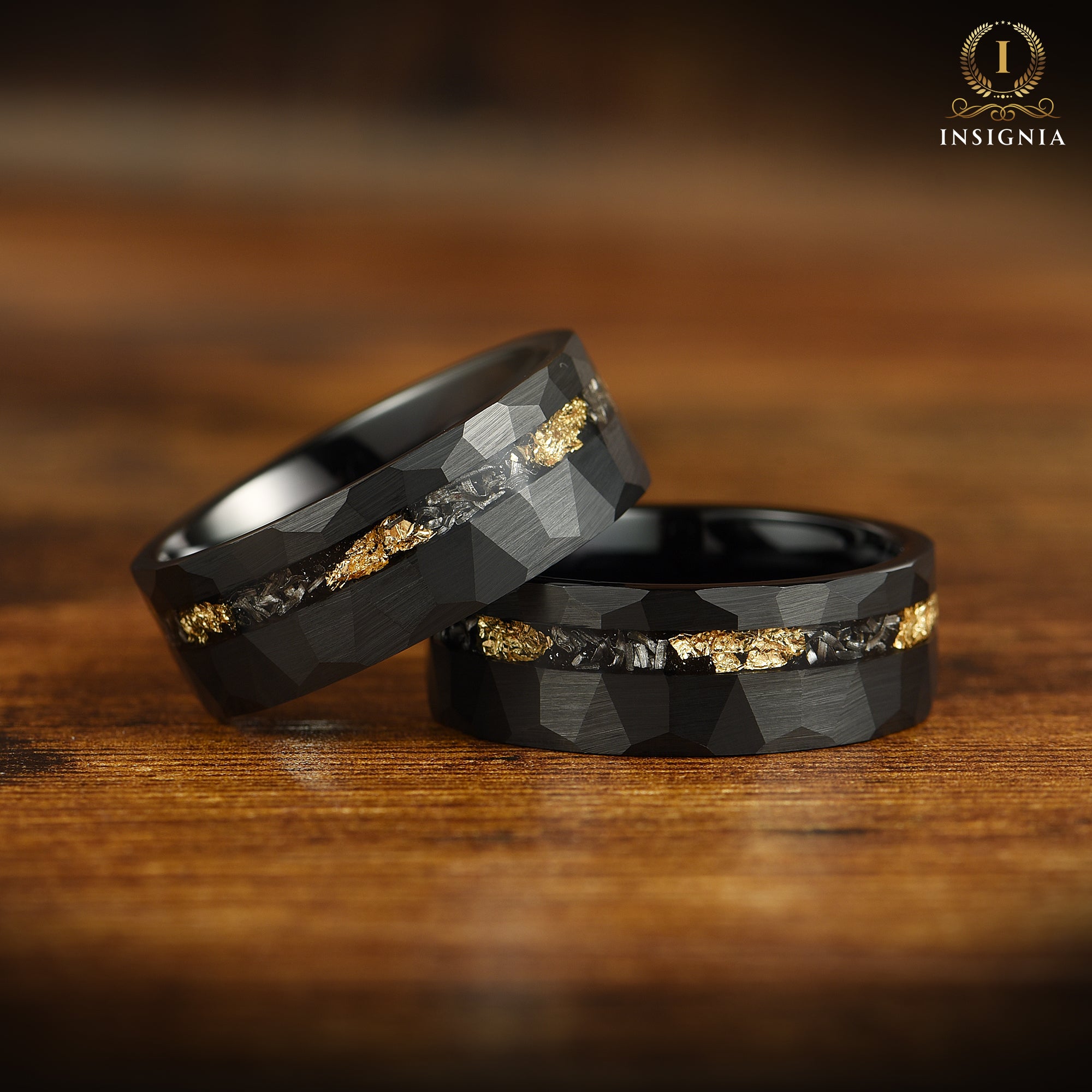 Wedding Ring Men with Black Tungsten and Meteorite Inlay Close Up View