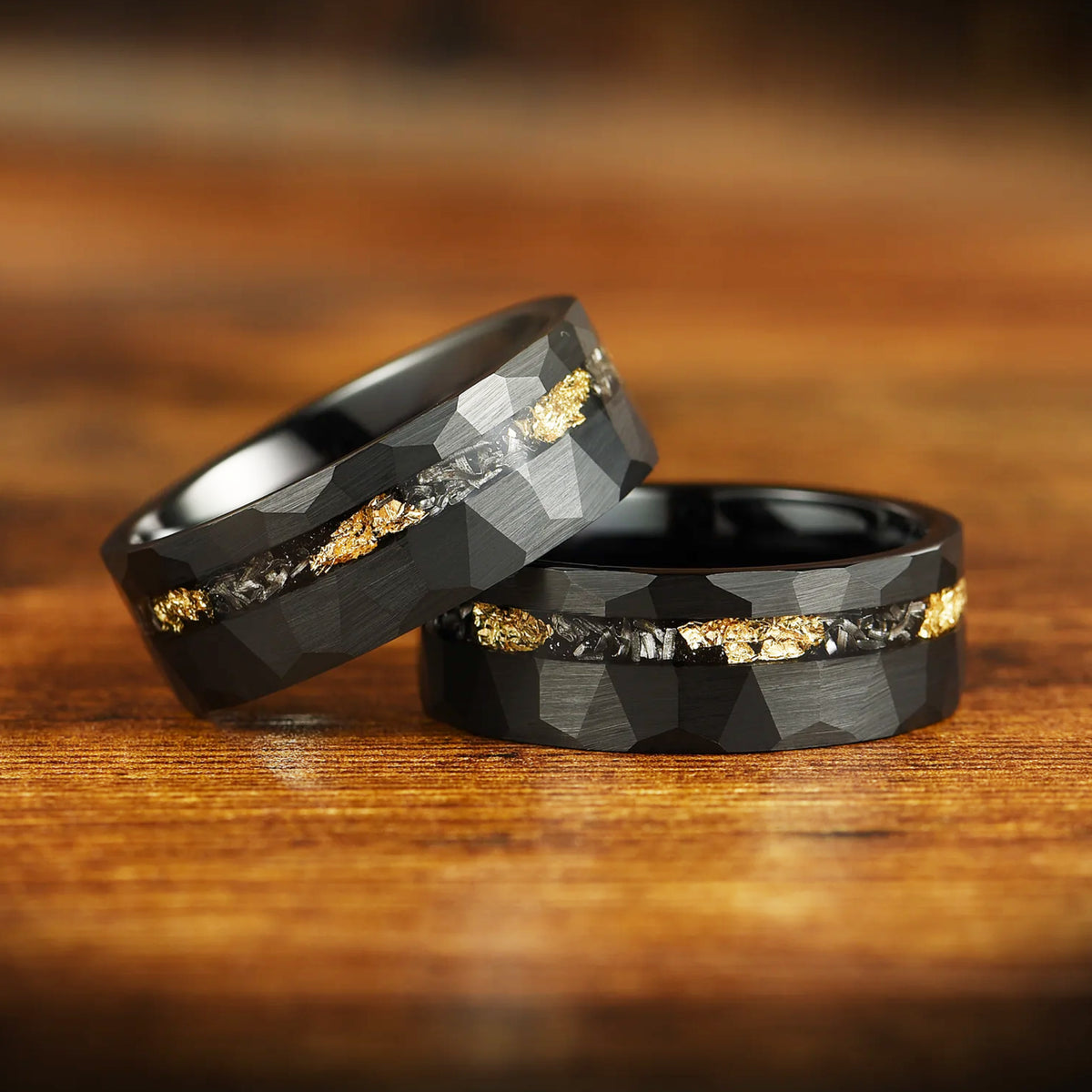 WEDDING RING SET REAL METEORITE 18K GOLD LEAF BLACK TUNGSTEN (8/4MM)