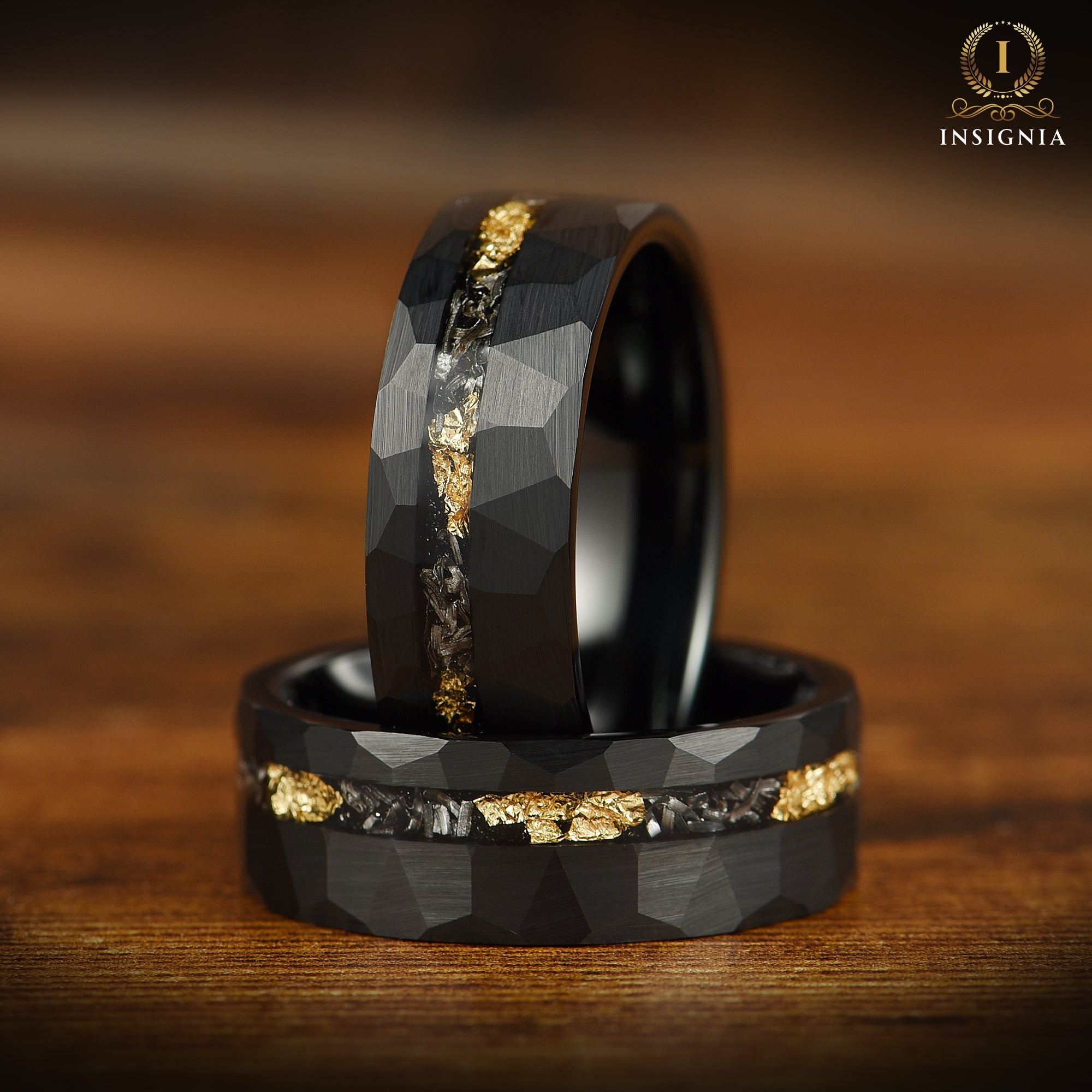 Wedding Ring Men with Black Tungsten and Meteorite Inlay Main View