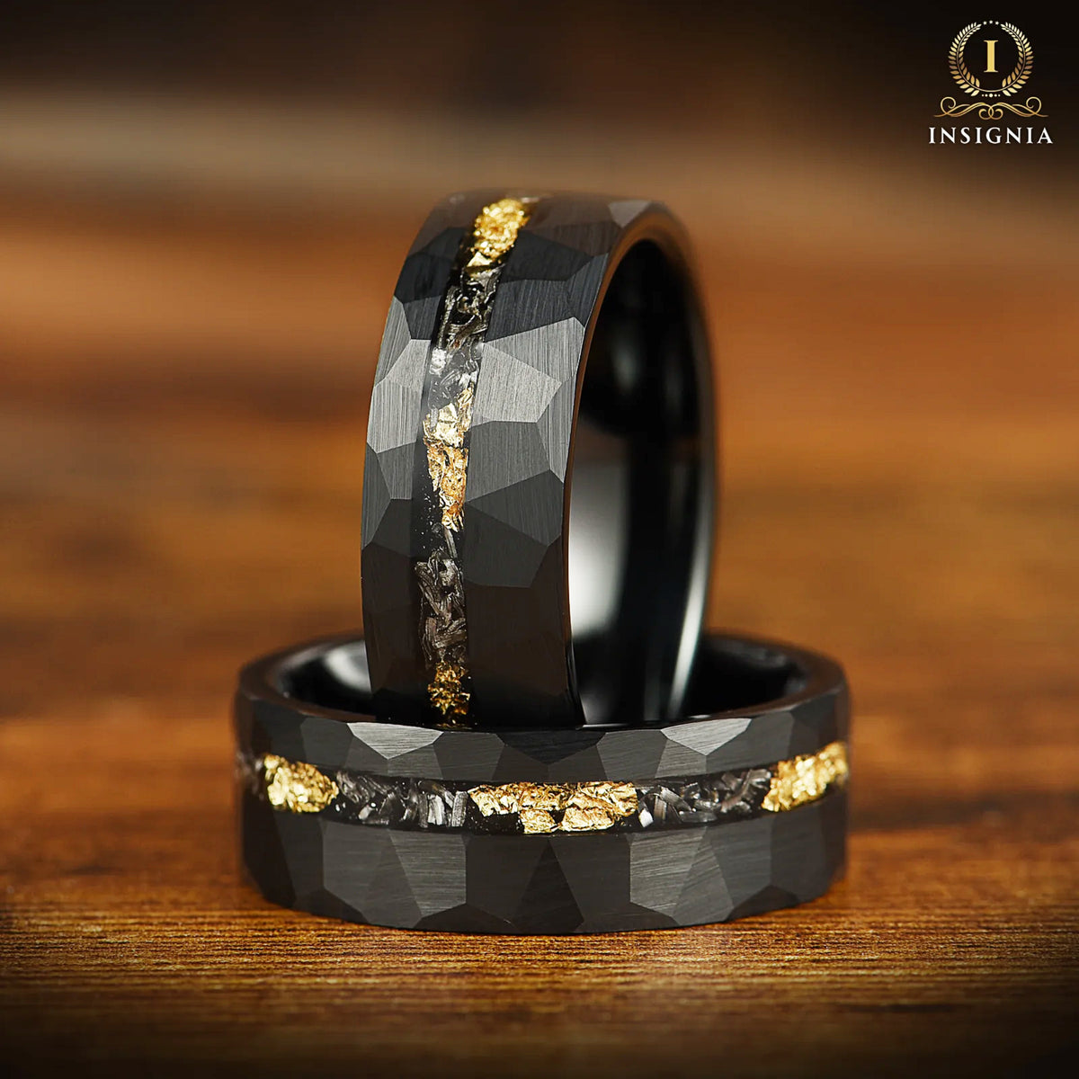 WEDDING RING SET REAL METEORITE 18K GOLD LEAF BLACK TUNGSTEN (8/4MM)