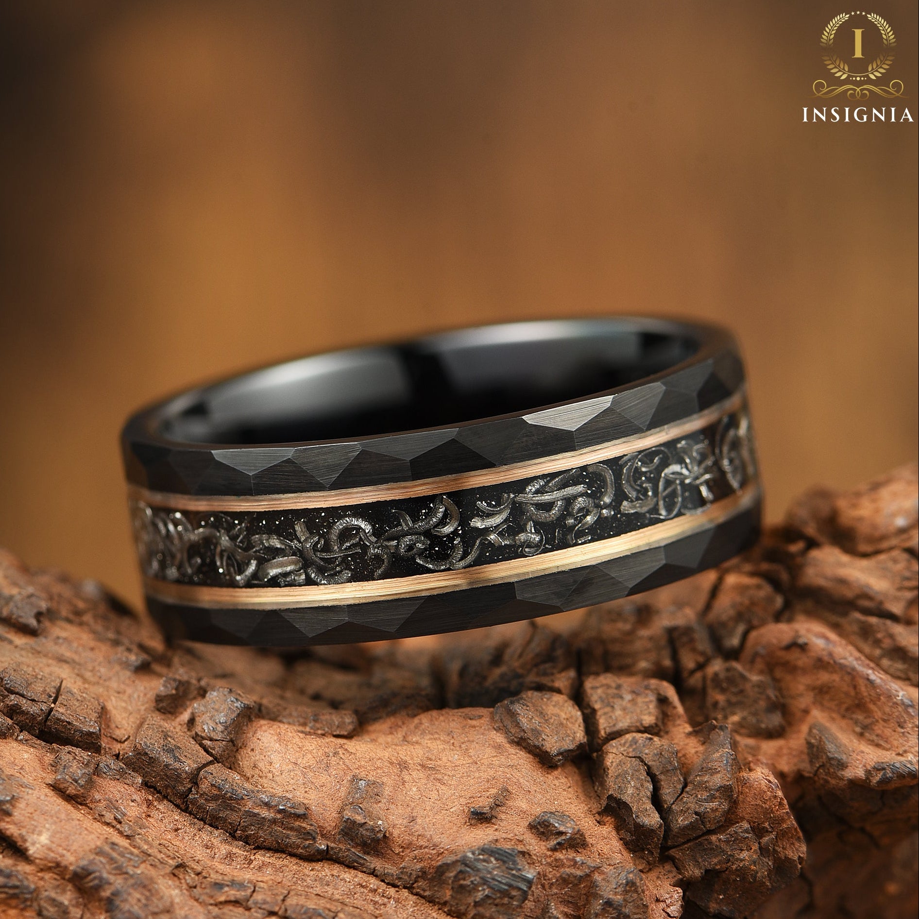Wedding ring men hammered black band with meteorite inlay main view
