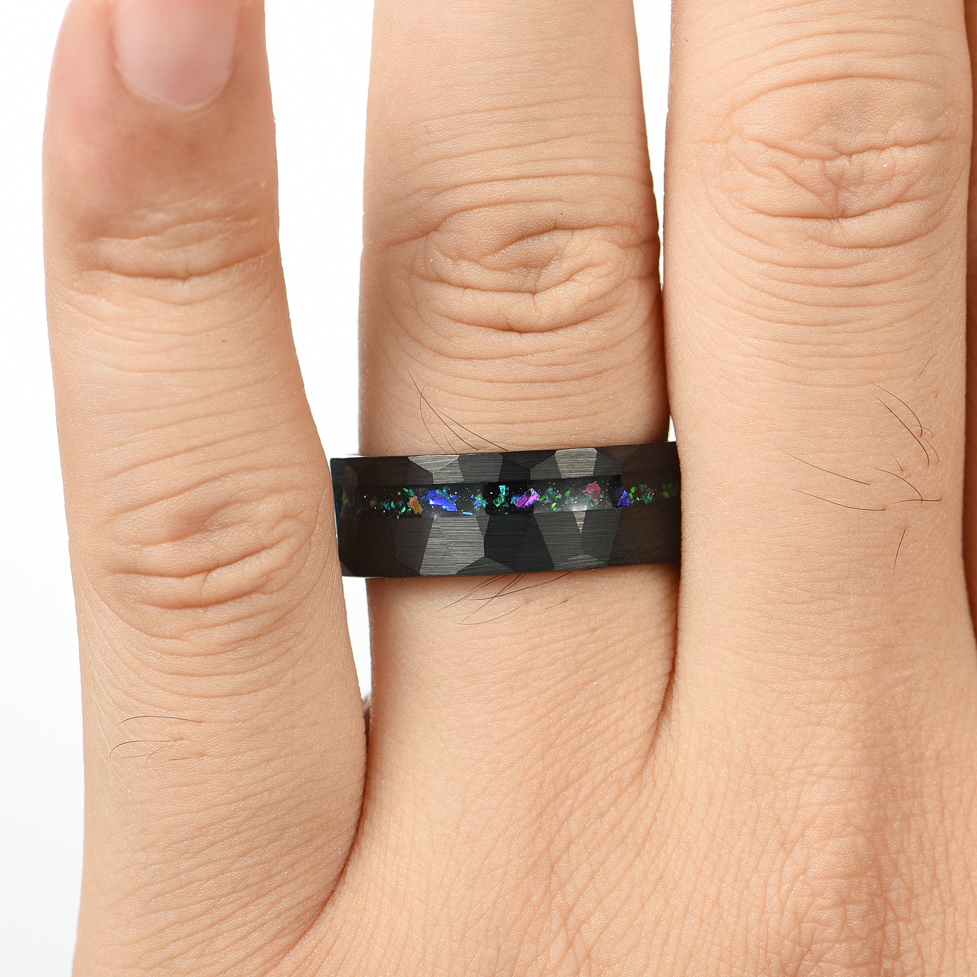 Wedding Ring Set With Helix Nebula Inspired Inlay Male Ring On A Male Hand