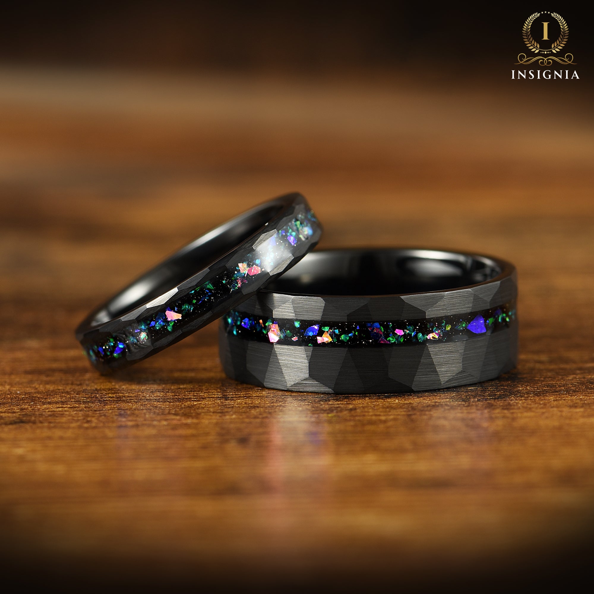 Wedding ring set with helix nebula inspired inlay and black tungsten finish