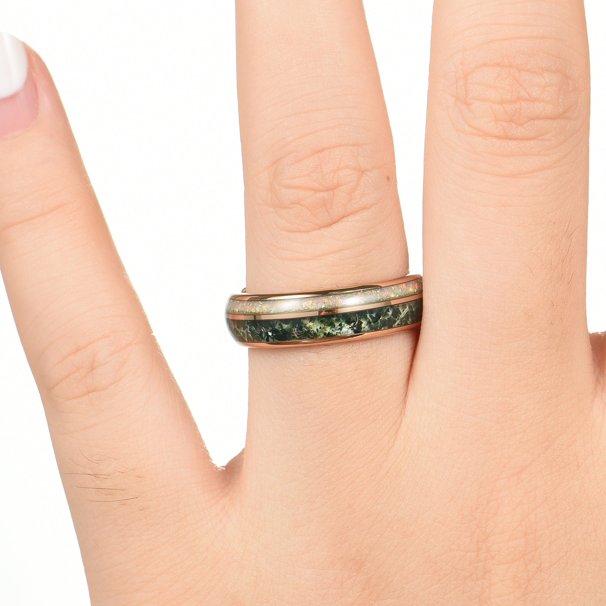 Wedding Ring Women Moss Agate Hand View