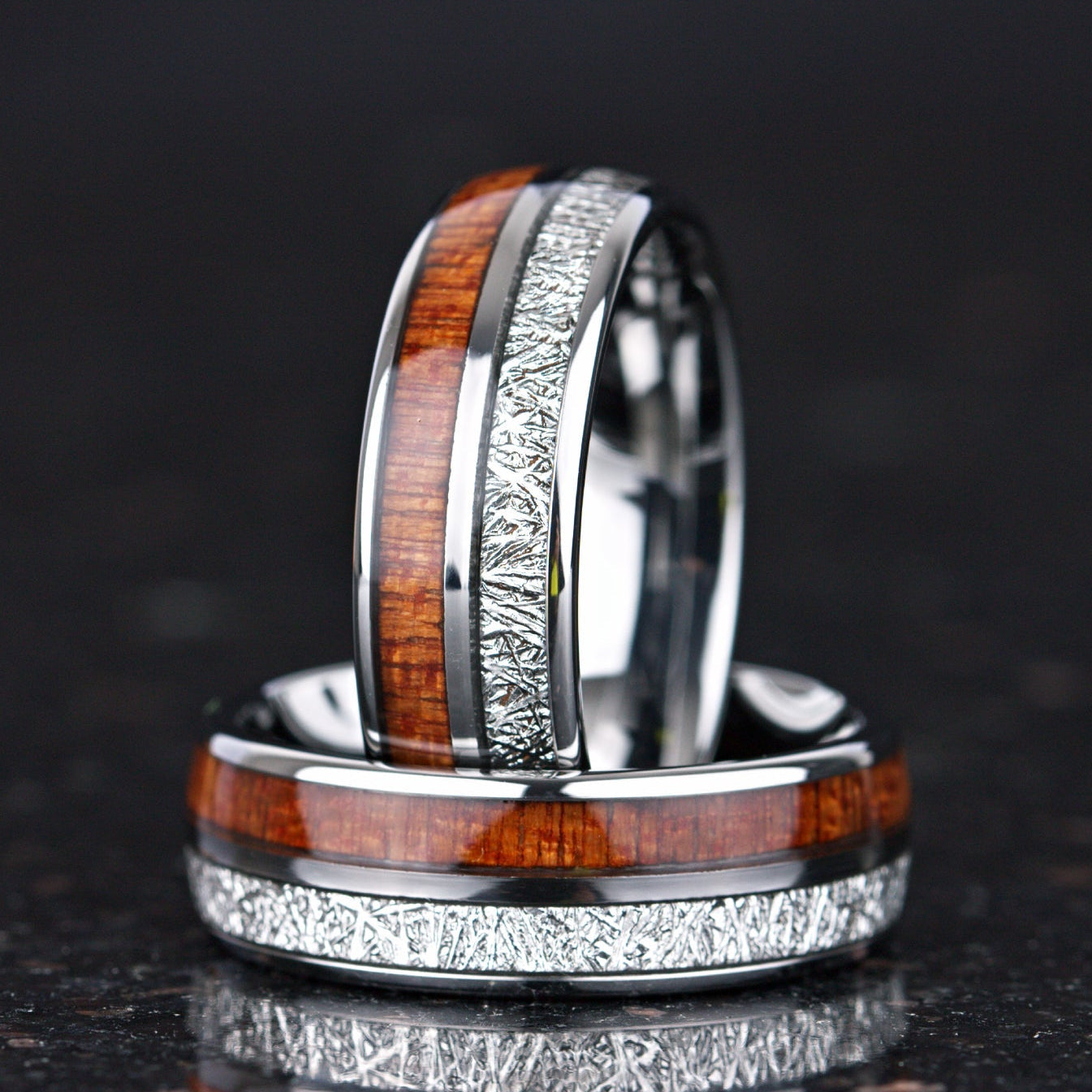 Wedding rings for him silver tungsten band with wood inlay main view