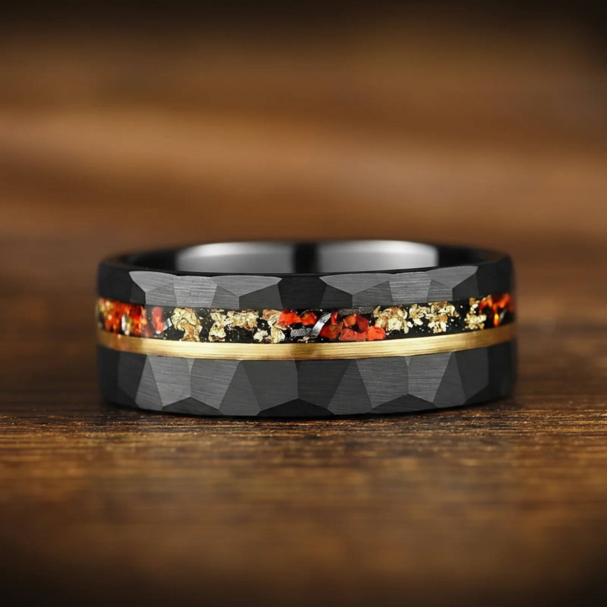 Wedding rings for men and women with fire opal and meteorite detail