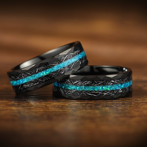 Engraved Wedding Rings With Opal Mens Real Meteorite Black