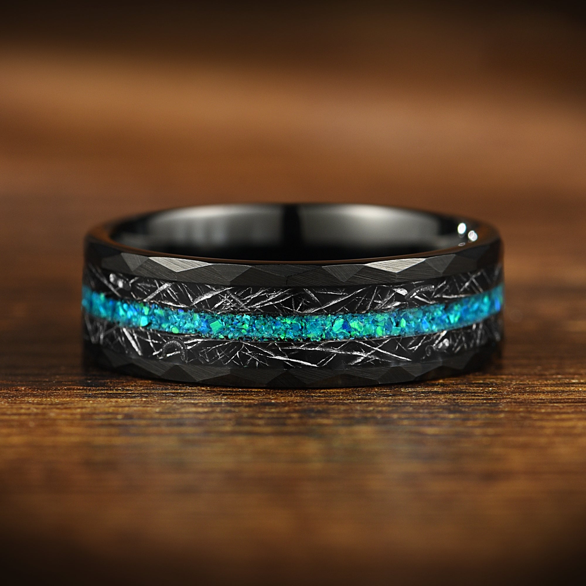 Engraved Wedding Rings With Opal Mens Real Meteorite Black