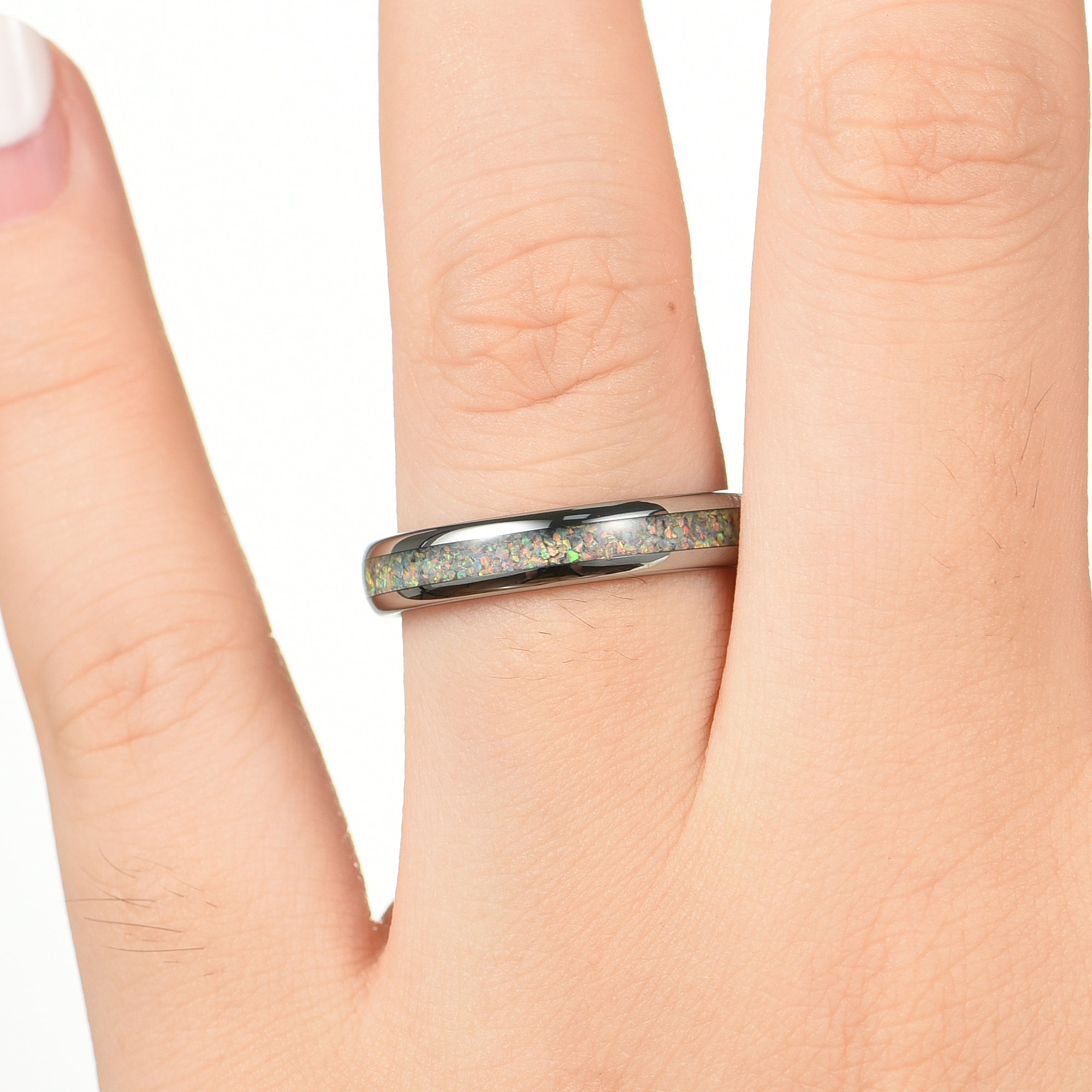 Wedding Women Band Silver Opal Hand View