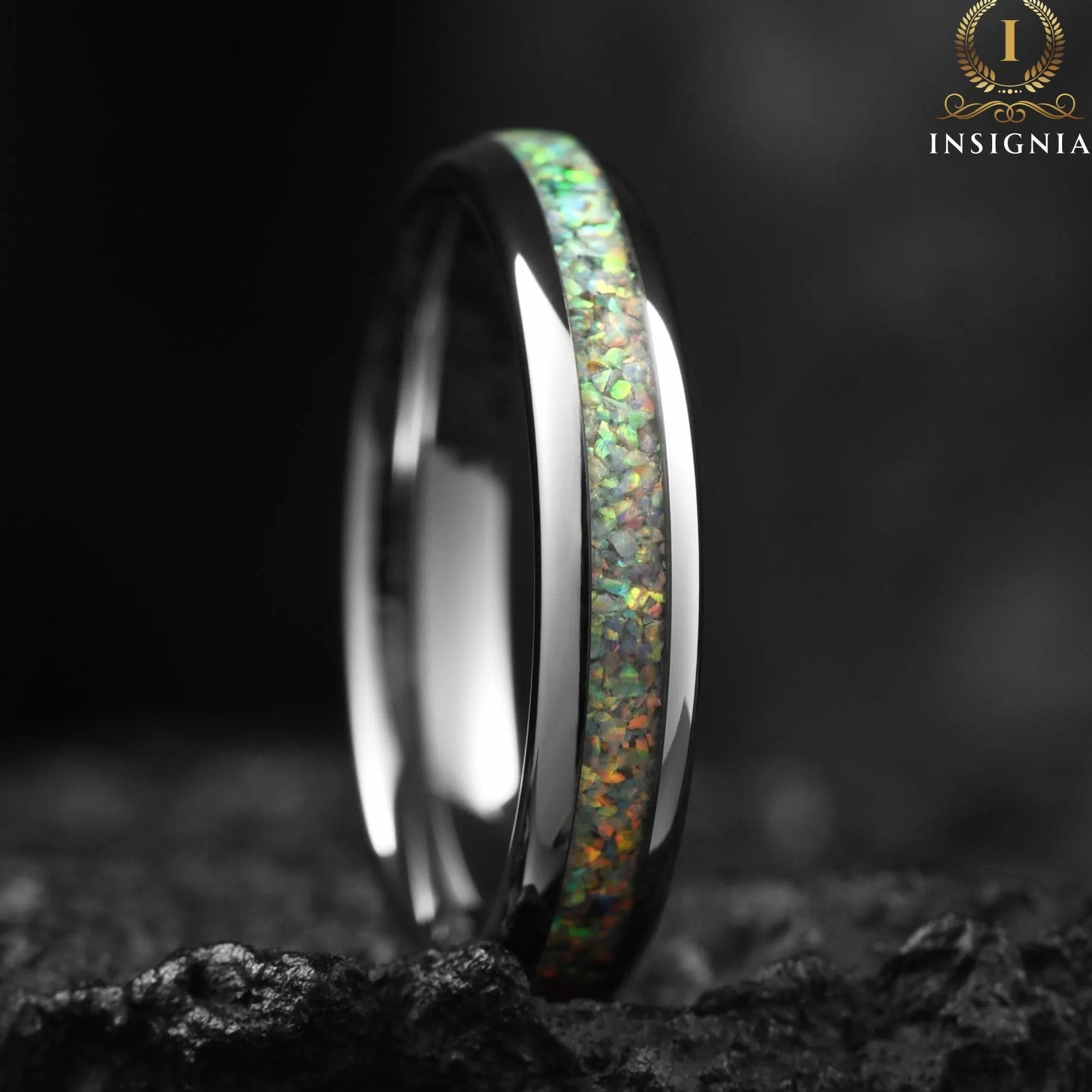 Wedding Women Band Silver Opal Profile View