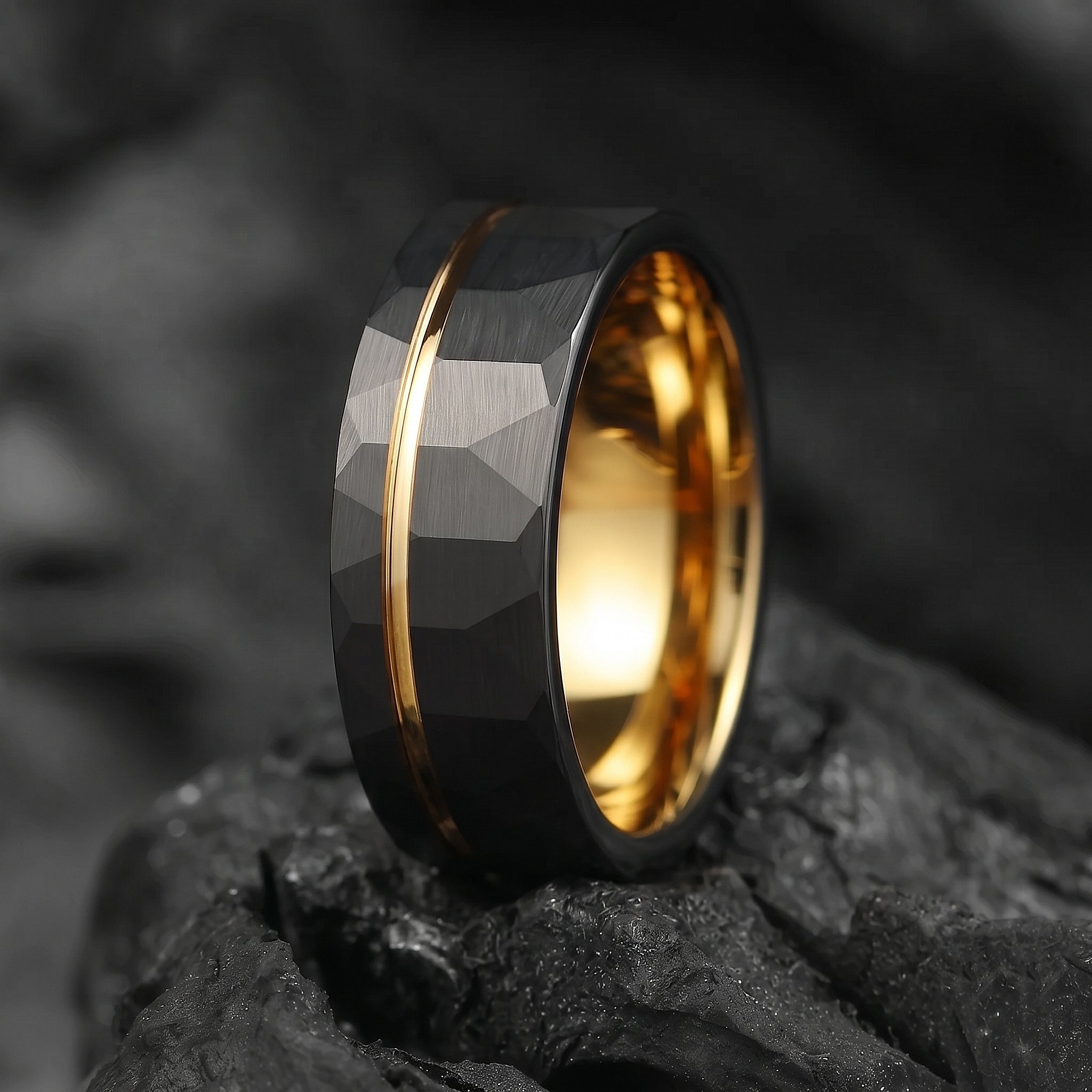 GOLD WEDDING BAND BLACK TUNGSTEN POLISHED GOLD CORE (8MM)