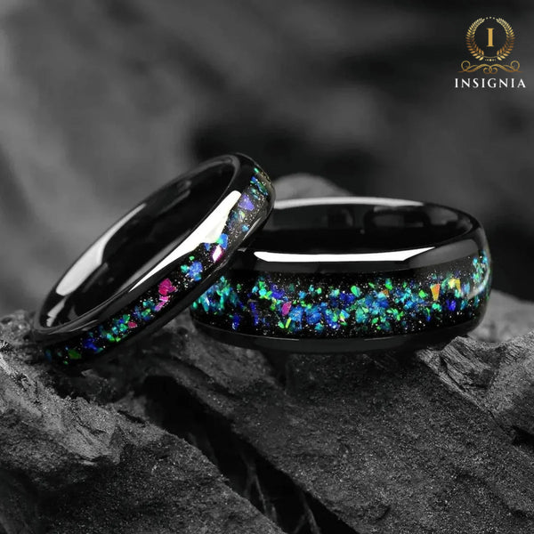 Unique Ladies Wedding Rings Engraved Galaxy Black Tungsten