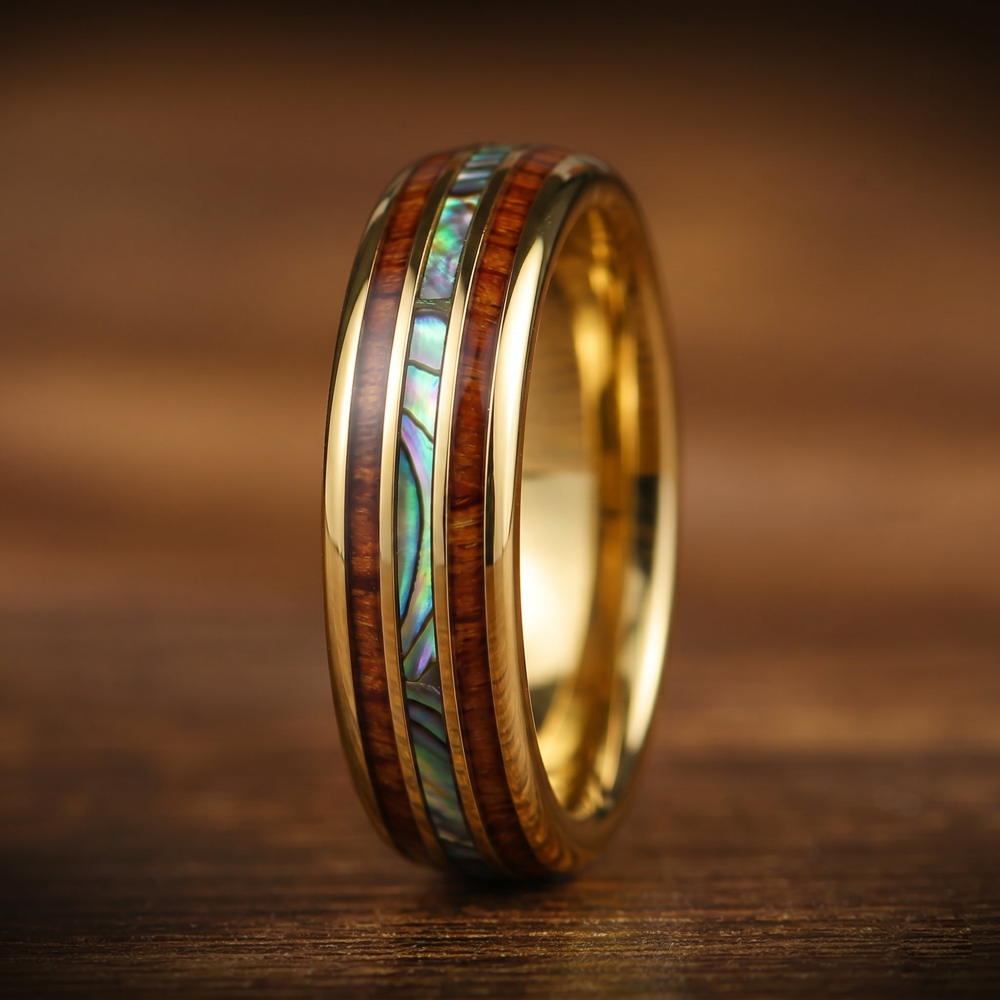 Women Wedding Rings Gold Wood Angled View