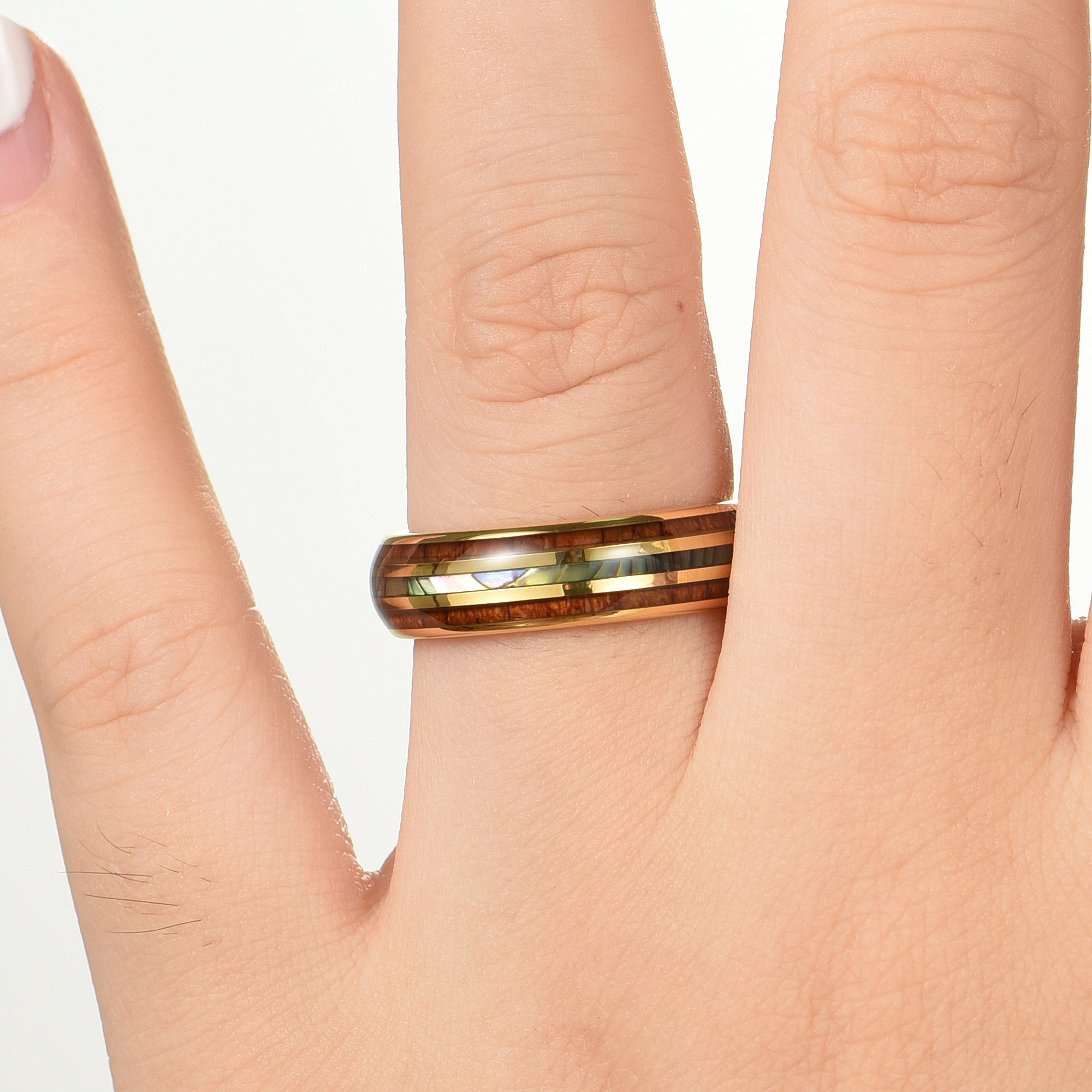 Women Wedding Rings Gold Wood Worn on Female Hand