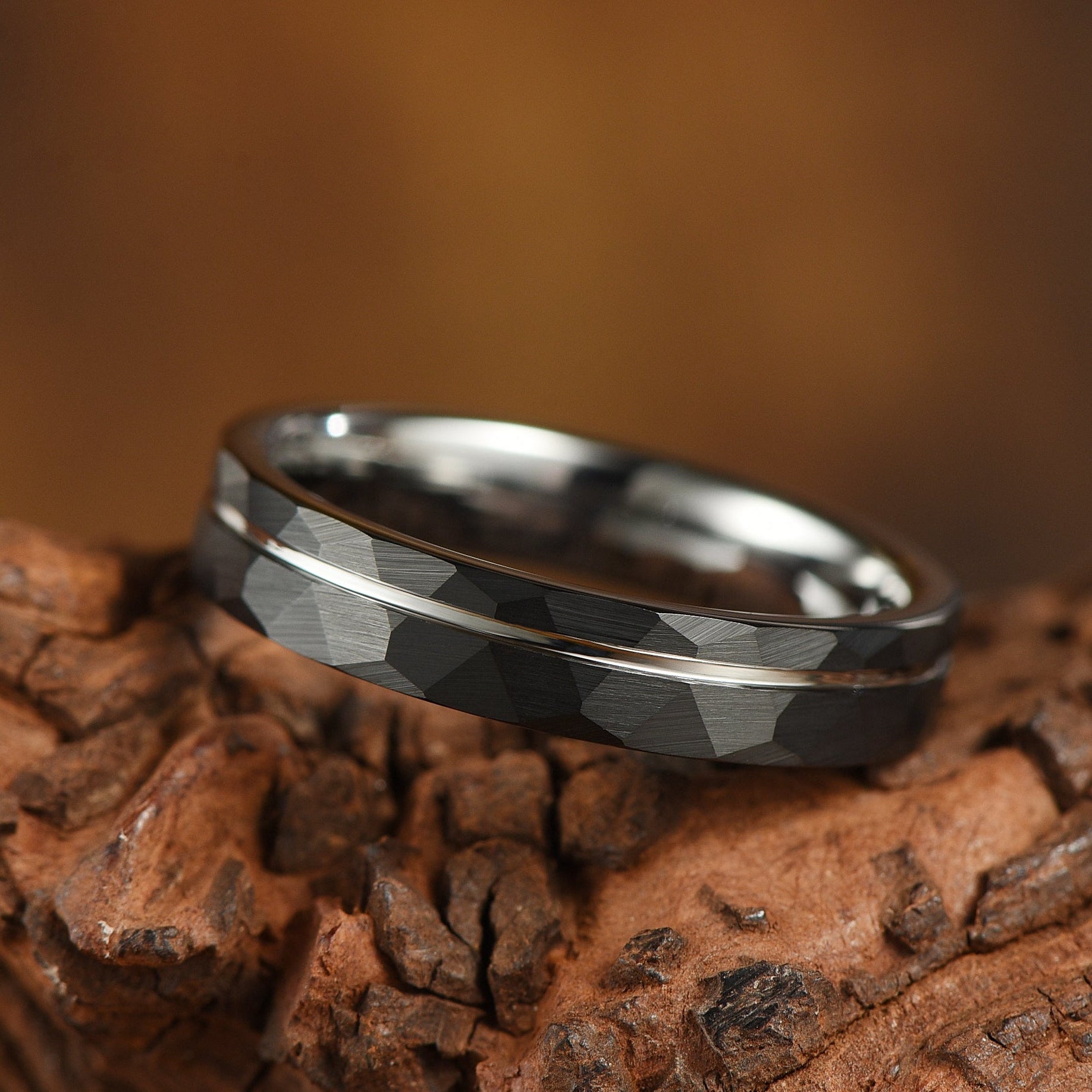 4mm white gold plated tungsten ring side angle view