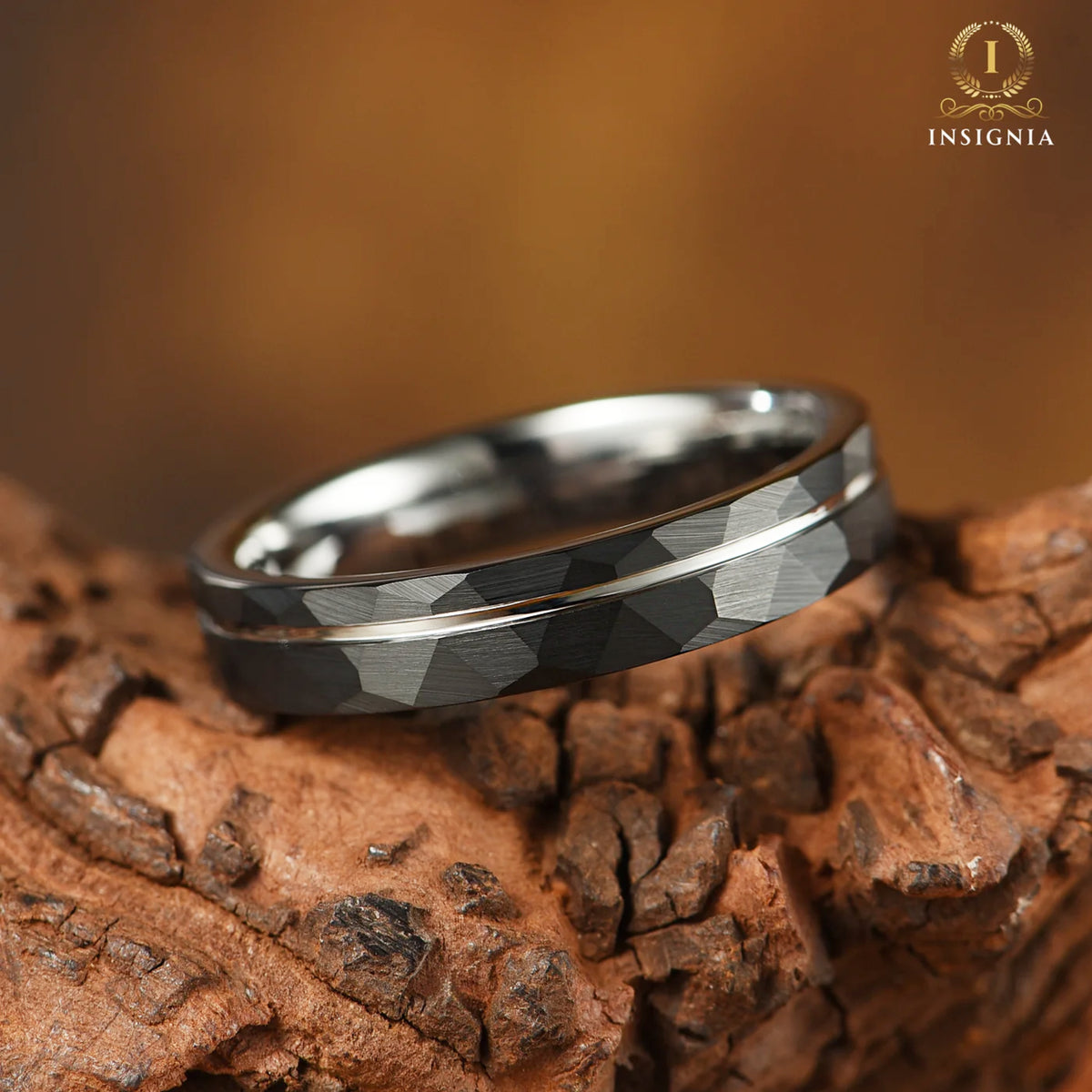 Womens White Gold Plated Hammered Wedding Band Angled View