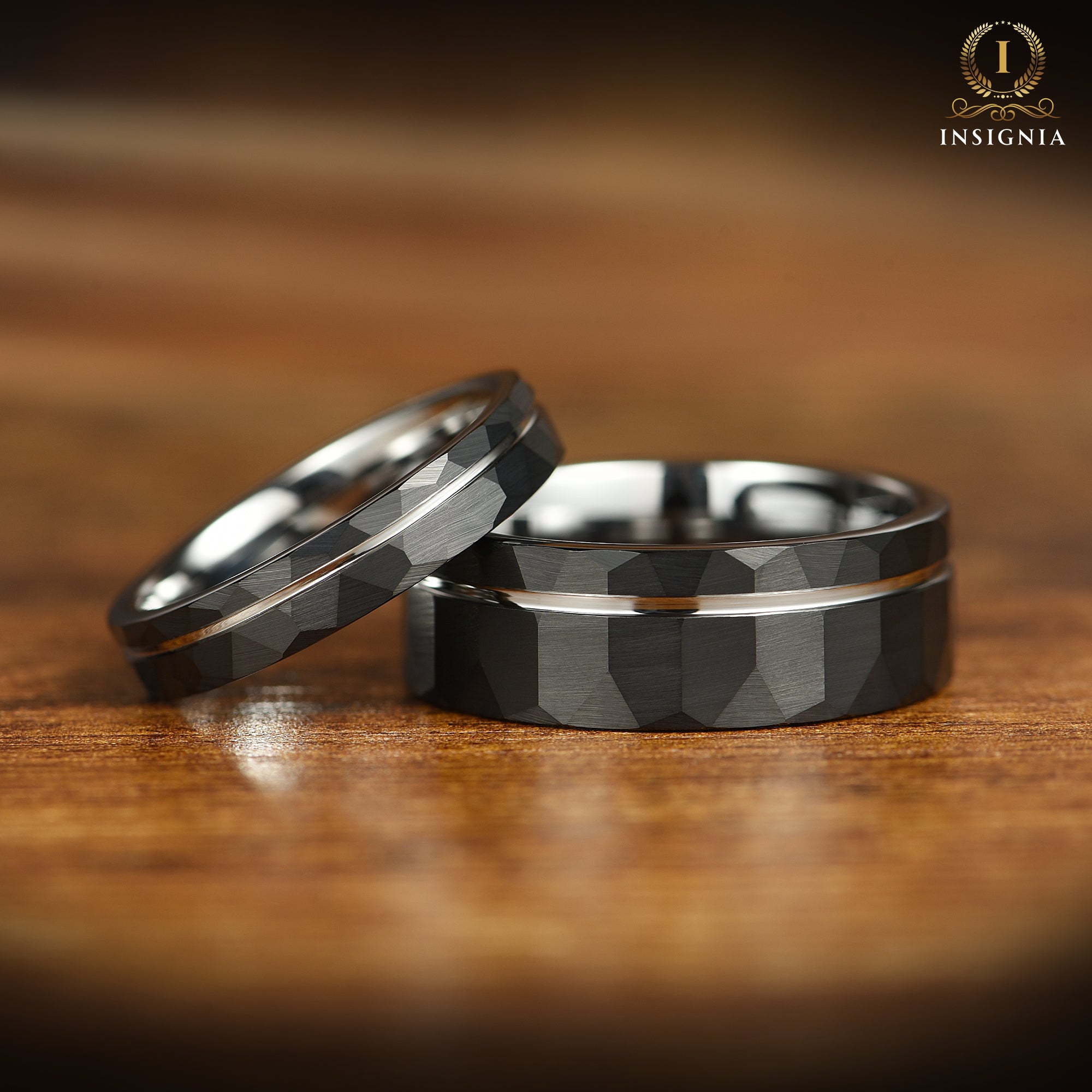 hammered black and silver ring women pair view