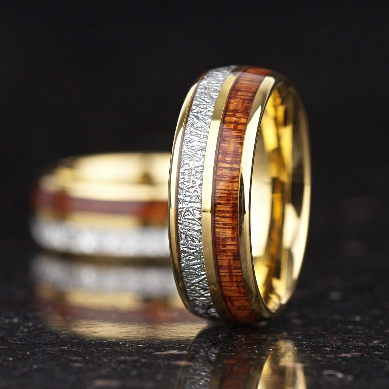 Wood rings for him with gold plated tungsten band detail