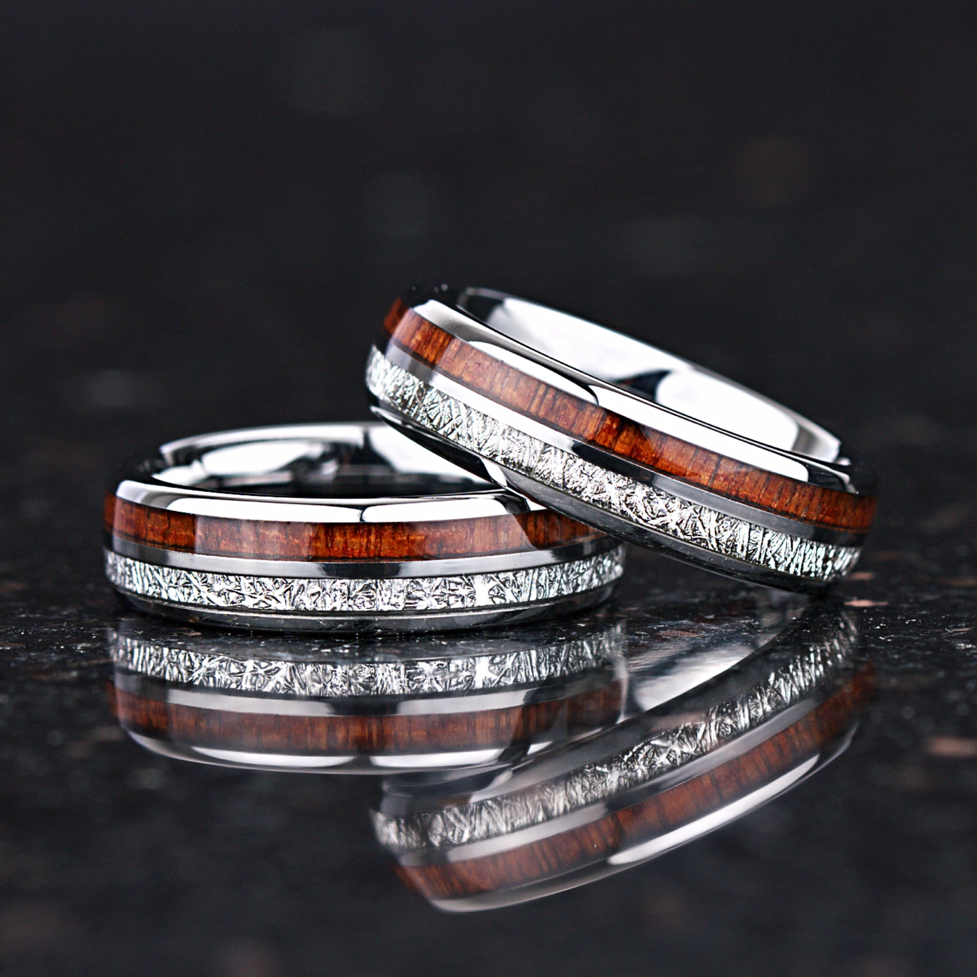 Wood tungsten couple rings with meteorite style effect and polished edges