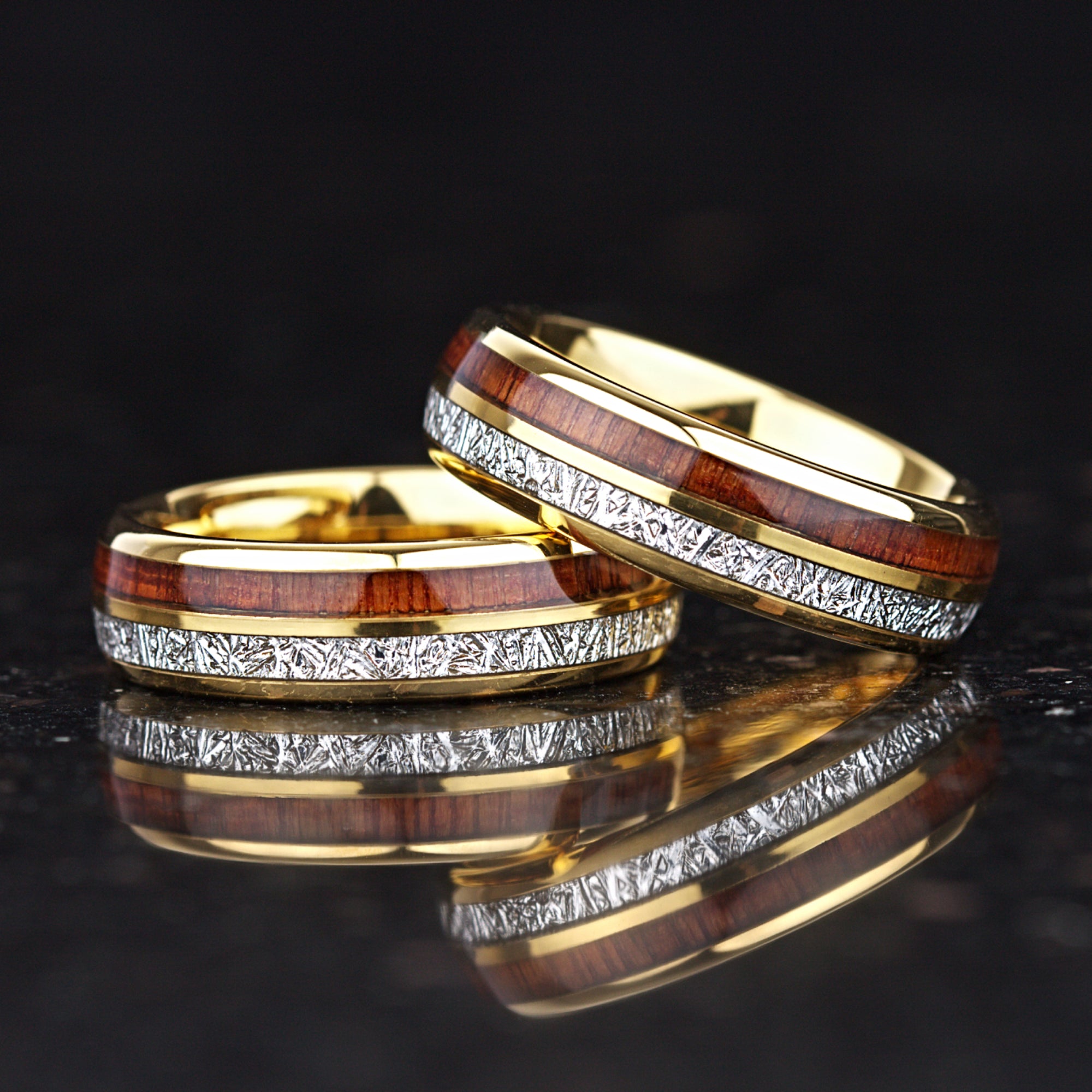 Wood wedding ring set gold plated tungsten with layered design